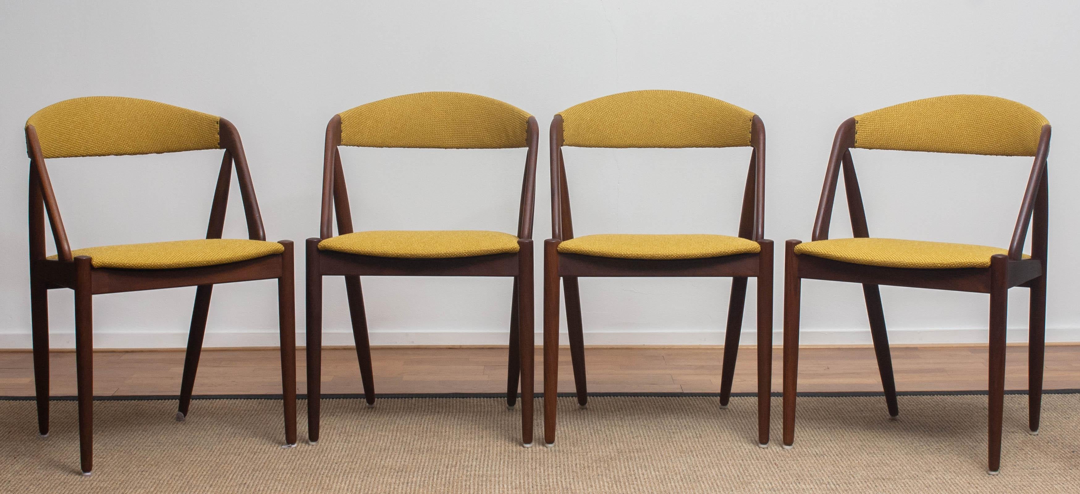 1960 Four Walnut Dining Chairs in Ochre Model 31 by Kai Kristiansen, Denmark 1