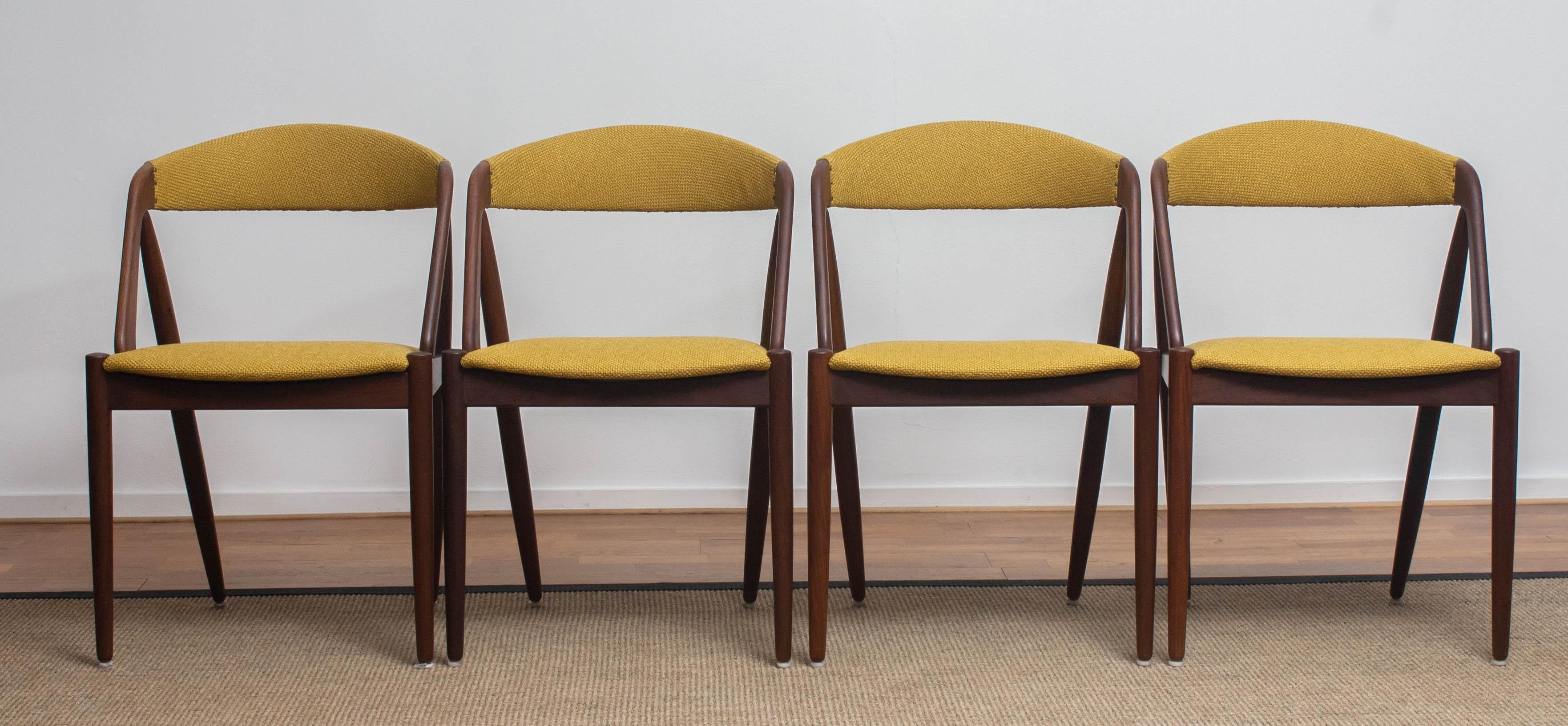Fabric 1960 Four Walnut Dining Chairs in Ochre Model 31 by Kai Kristiansen, Denmark