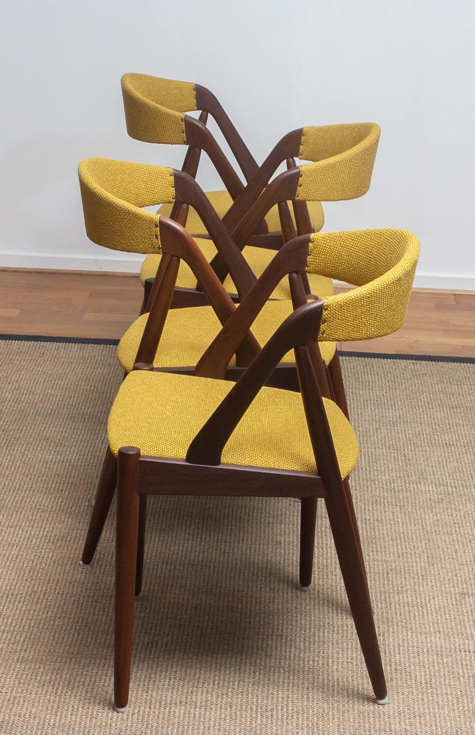 1960 Four Walnut Dining Chairs in Ochre Model 31 by Kai Kristiansen, Denmark 2