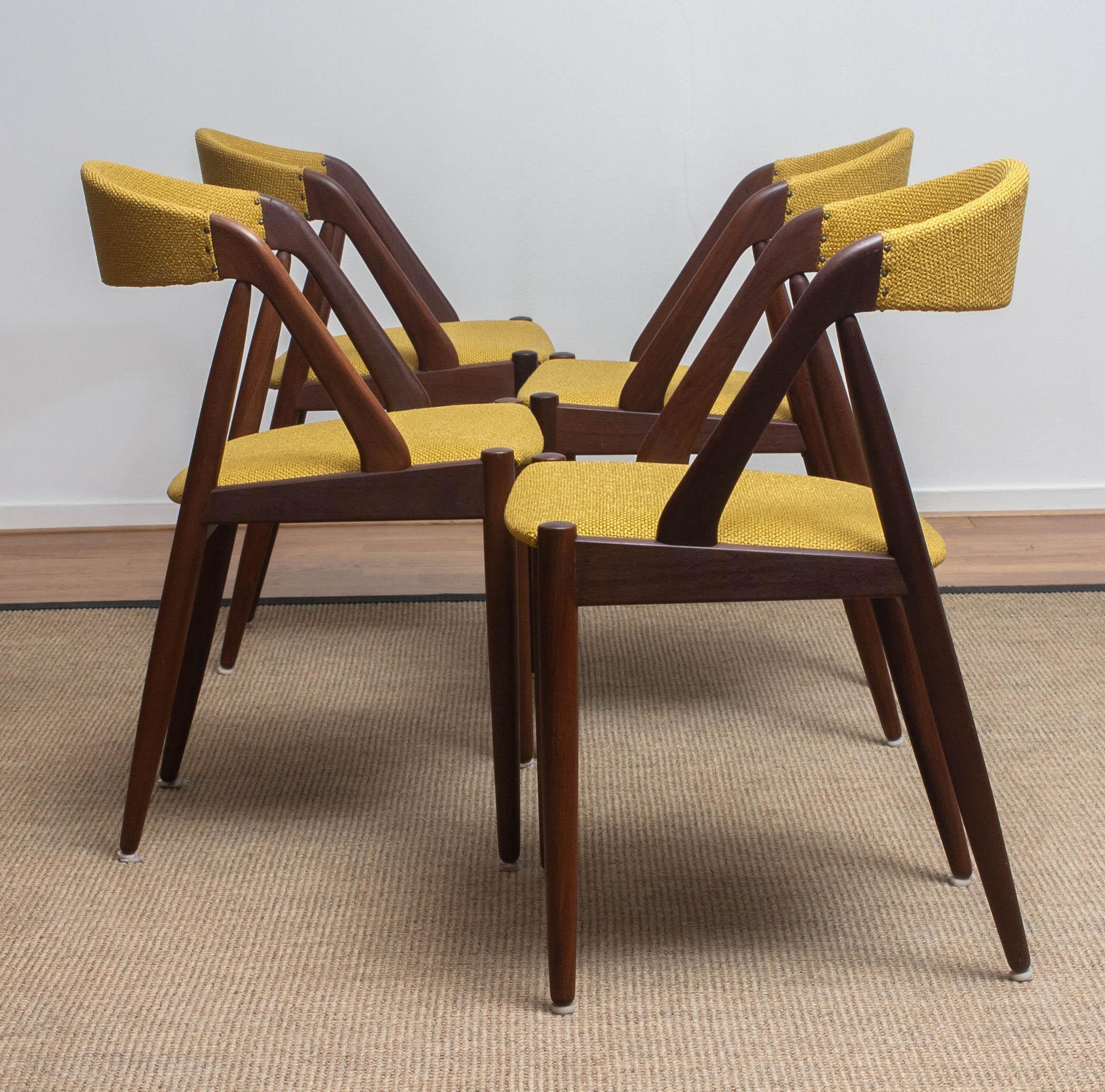 1960 Four Walnut Dining Chairs in Ochre Model 31 by Kai Kristiansen, Denmark 1
