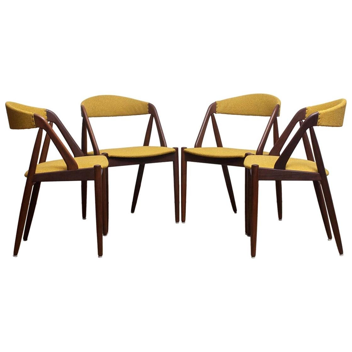 1960 Four Walnut Dining Chairs in Ochre Model 31 by Kai Kristiansen, Denmark
