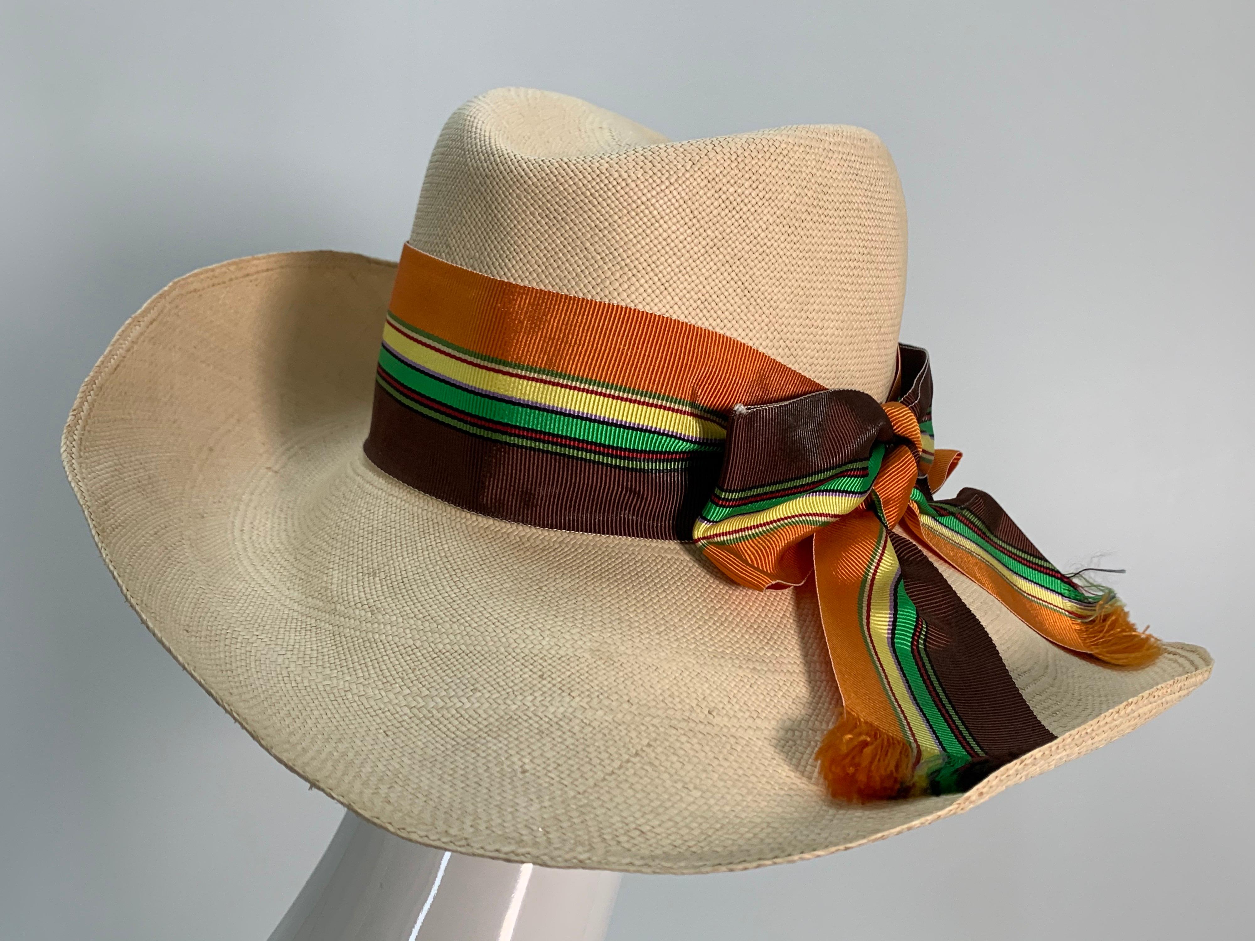 Brown 1960 Frank Olive Natural Straw Fedora Style Summer Hat W/Colorful Grosgrain Bow