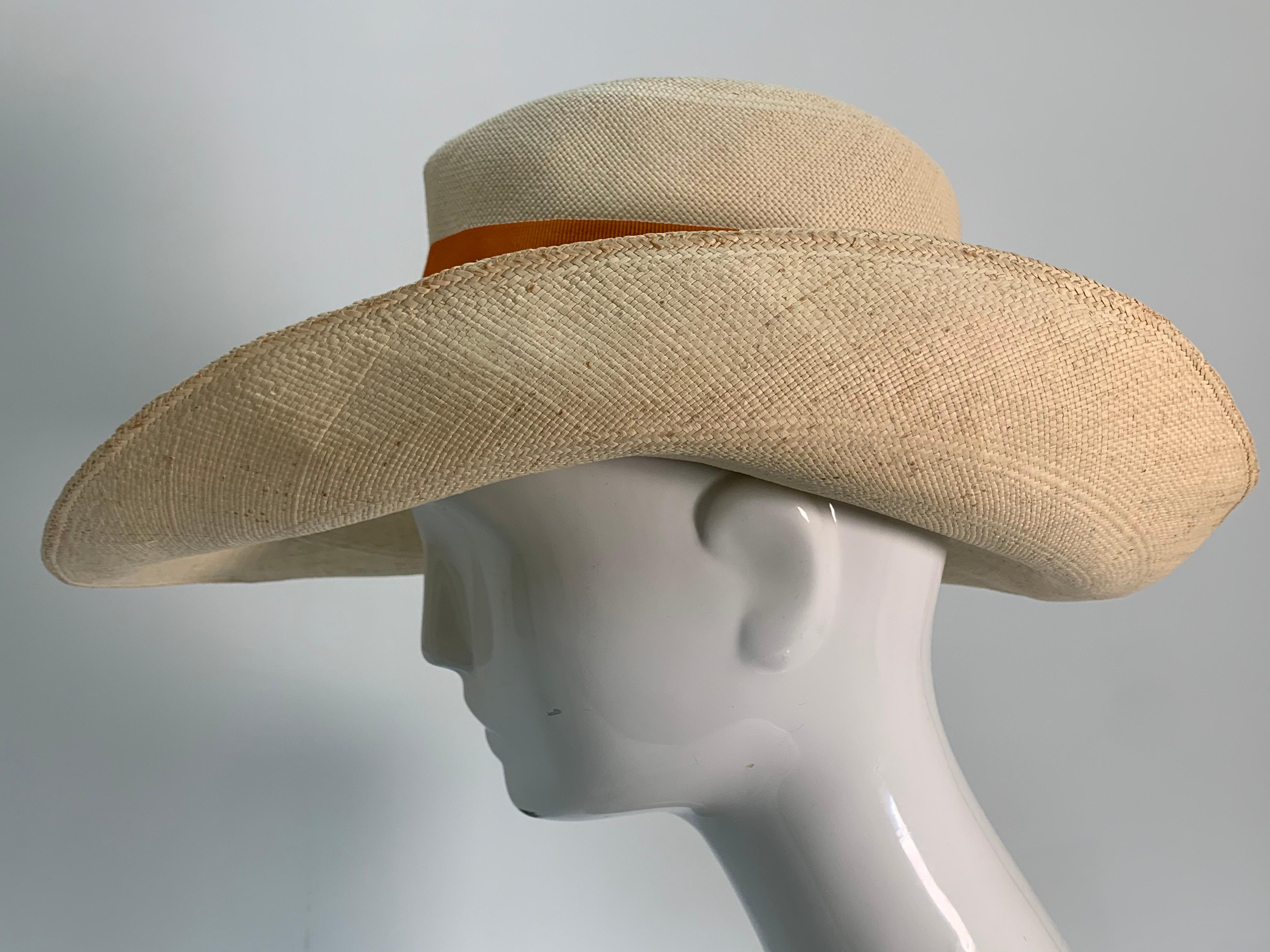 1960 Frank Olive Natural Straw Fedora Style Summer Hat W/Colorful Grosgrain Bow In Excellent Condition In Gresham, OR