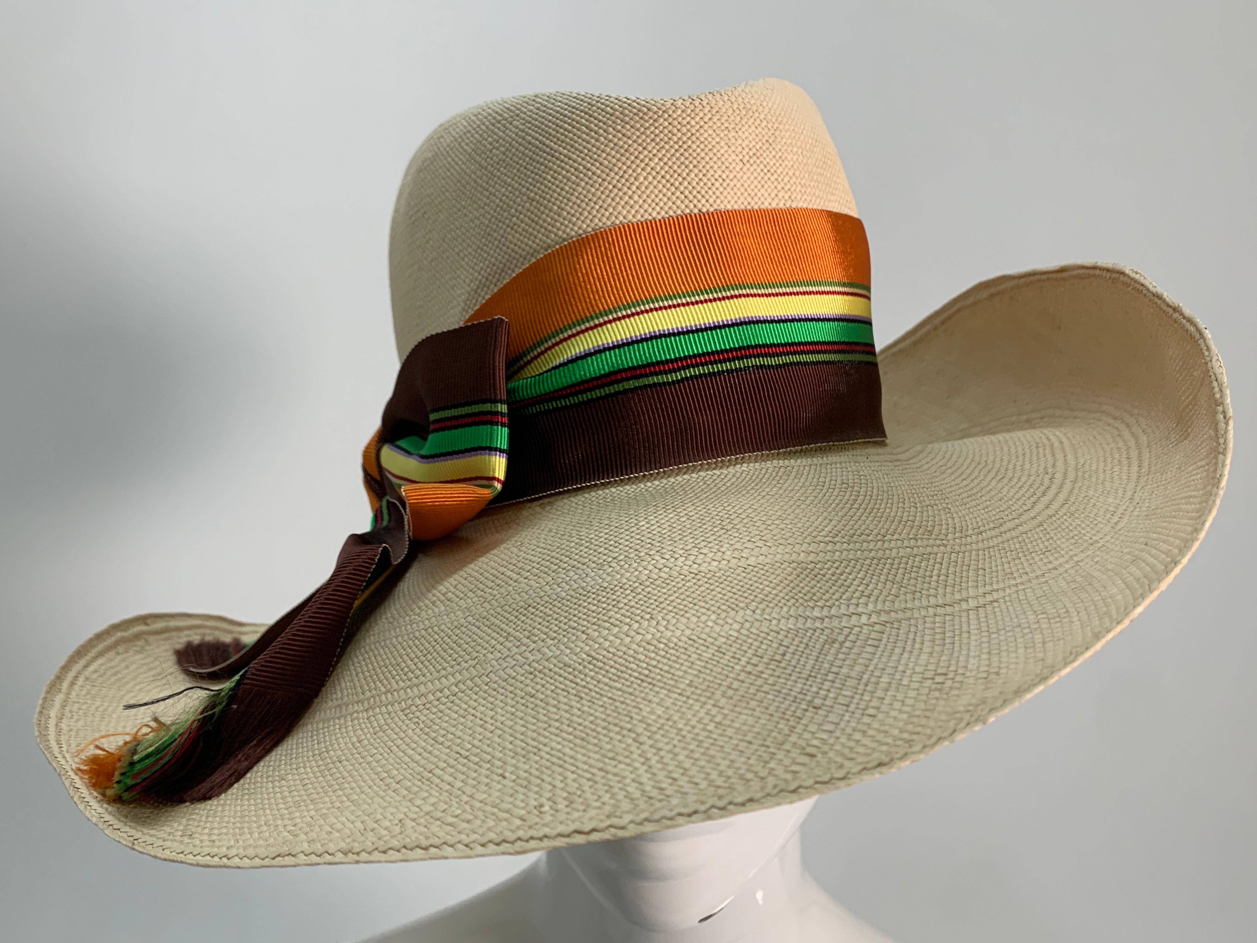 Women's 1960 Frank Olive Natural Straw Fedora Style Summer Hat W/Colorful Grosgrain Bow