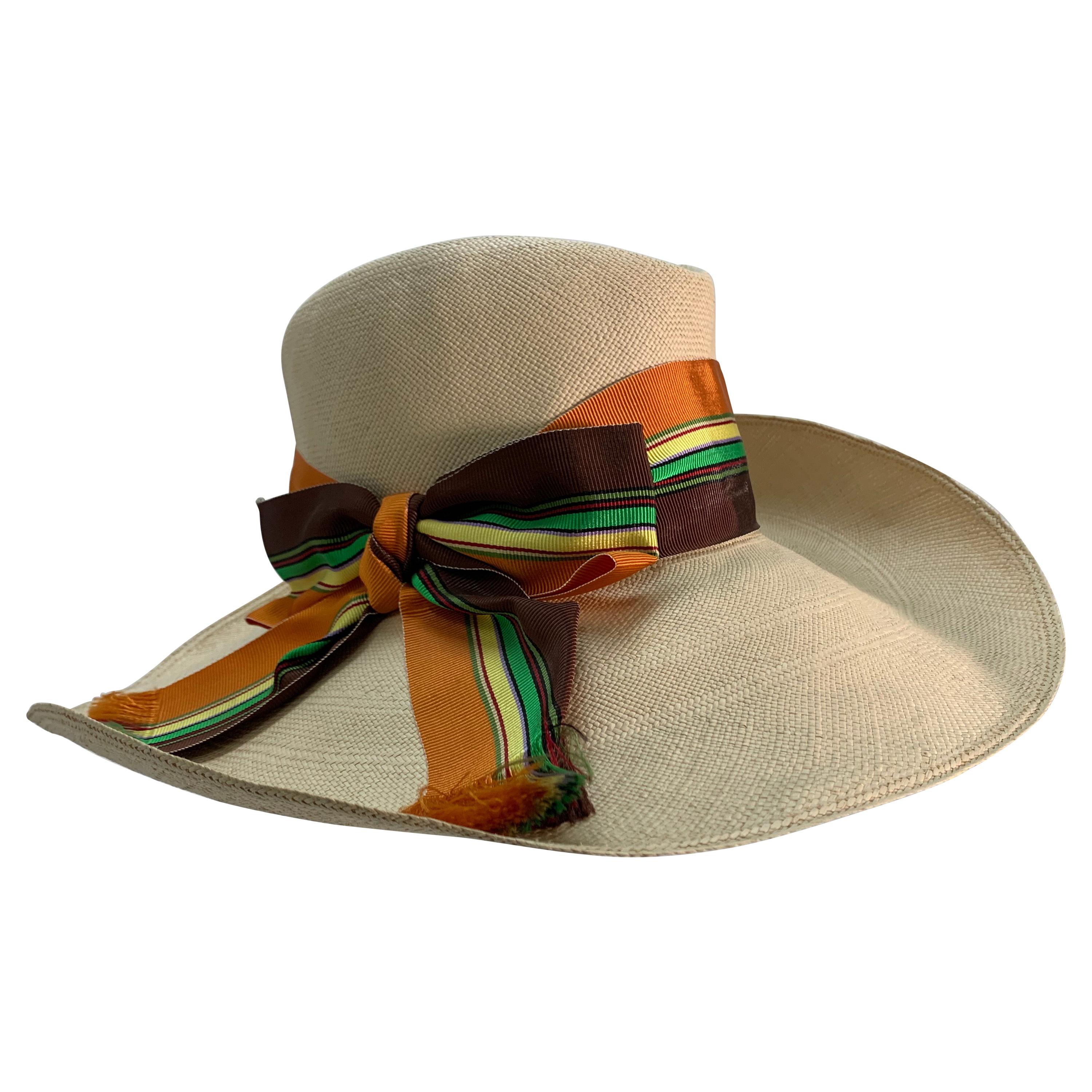 1960 Frank Olive Natural Straw Fedora Style Summer Hat W/Colorful Grosgrain Bow