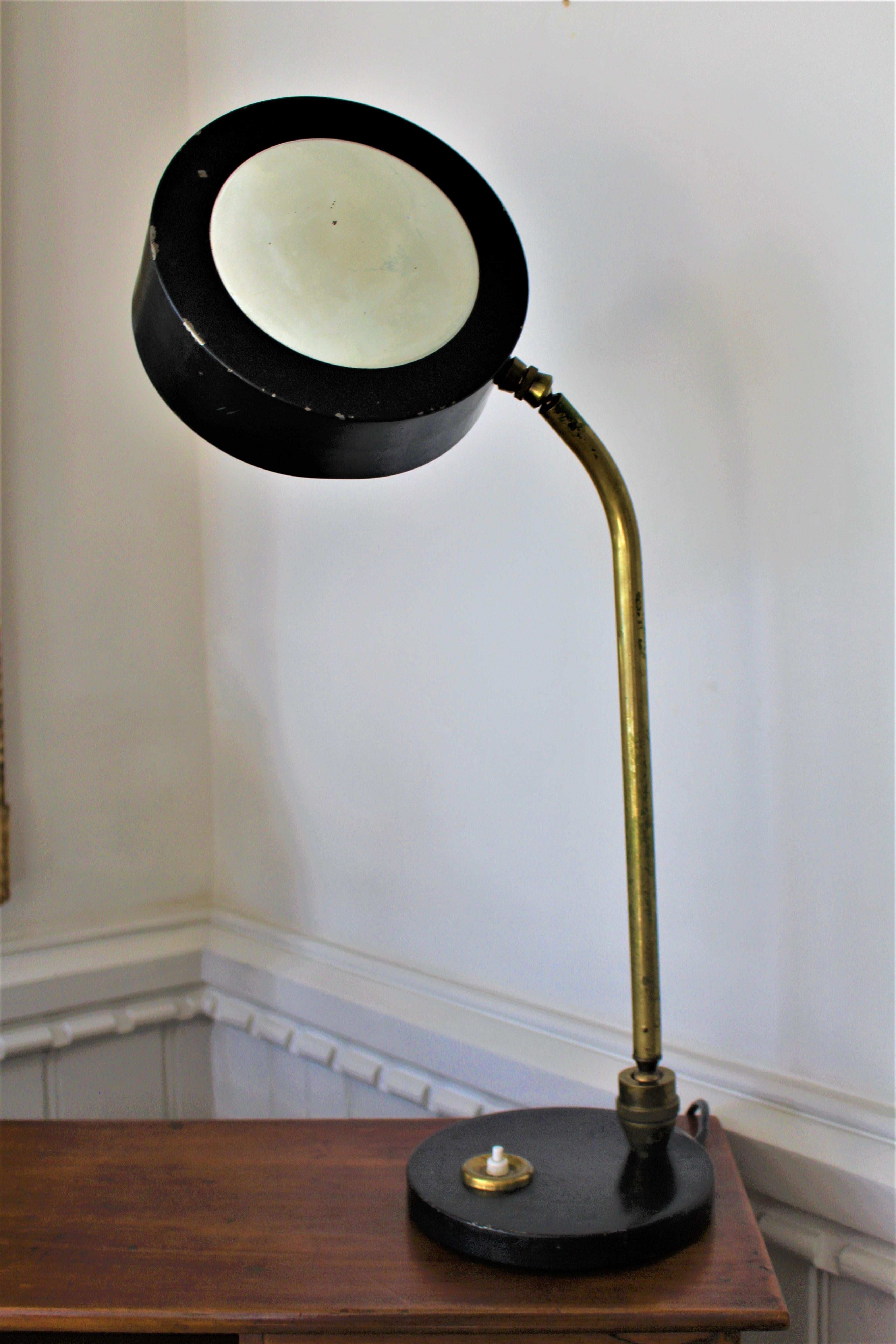 1960 French Brass & Enamel Desk Table Lamp Lighting Jujeau Mounique Maison Jumo 1