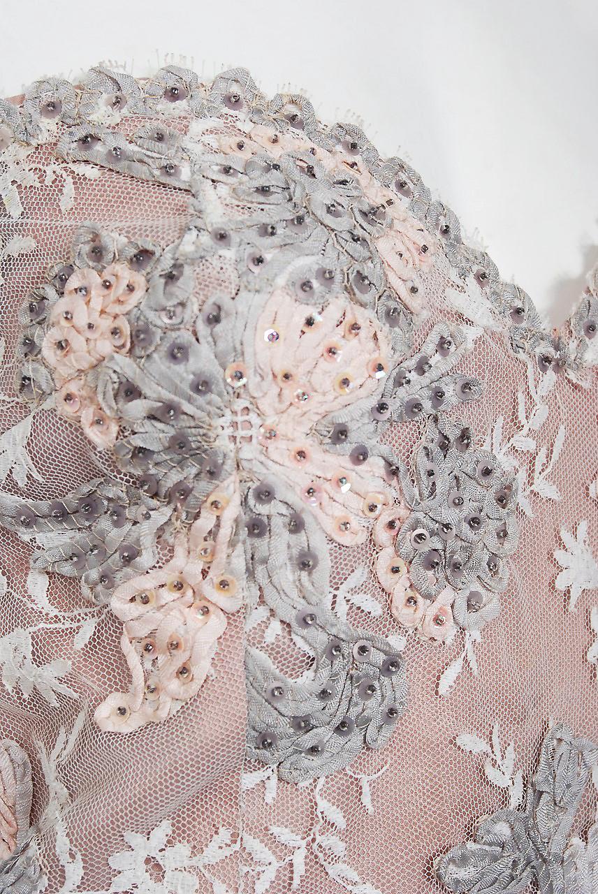 Vintage 1960's French Couture Pink Gray Embroidered Lace and Silk Strapless Gown In Good Condition For Sale In Beverly Hills, CA