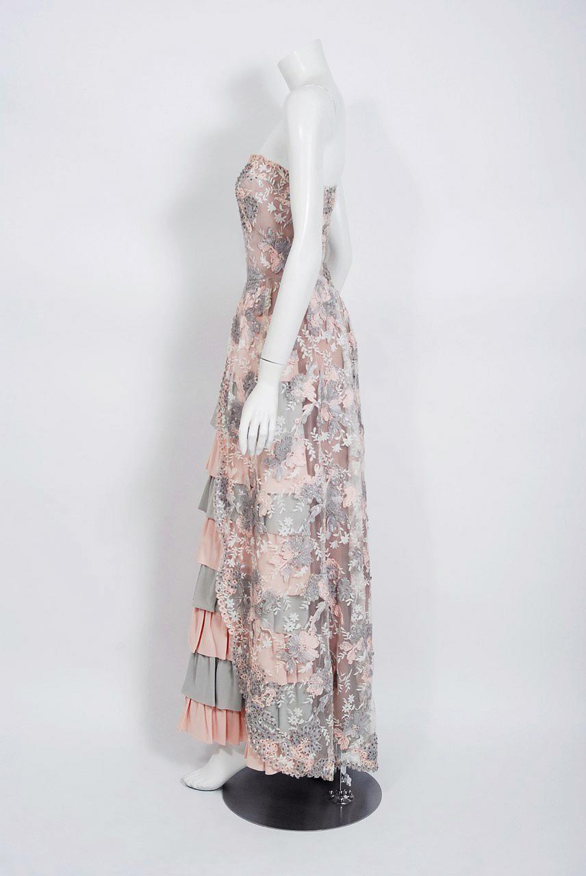 Vintage 1960's French Couture Pink Gray Embroidered Lace and Silk Strapless Gown For Sale 1