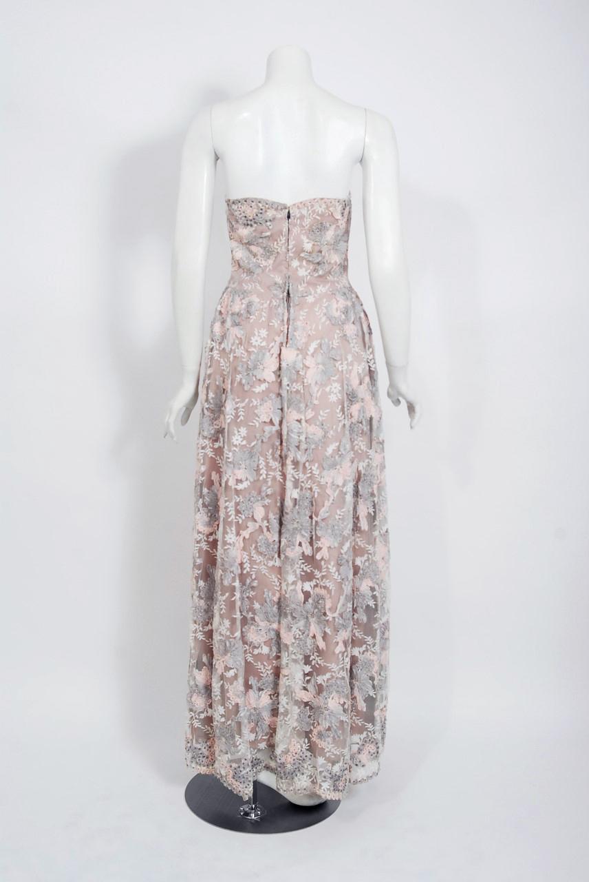 Vintage 1960's French Couture Pink Gray Embroidered Lace and Silk Strapless Gown For Sale 3