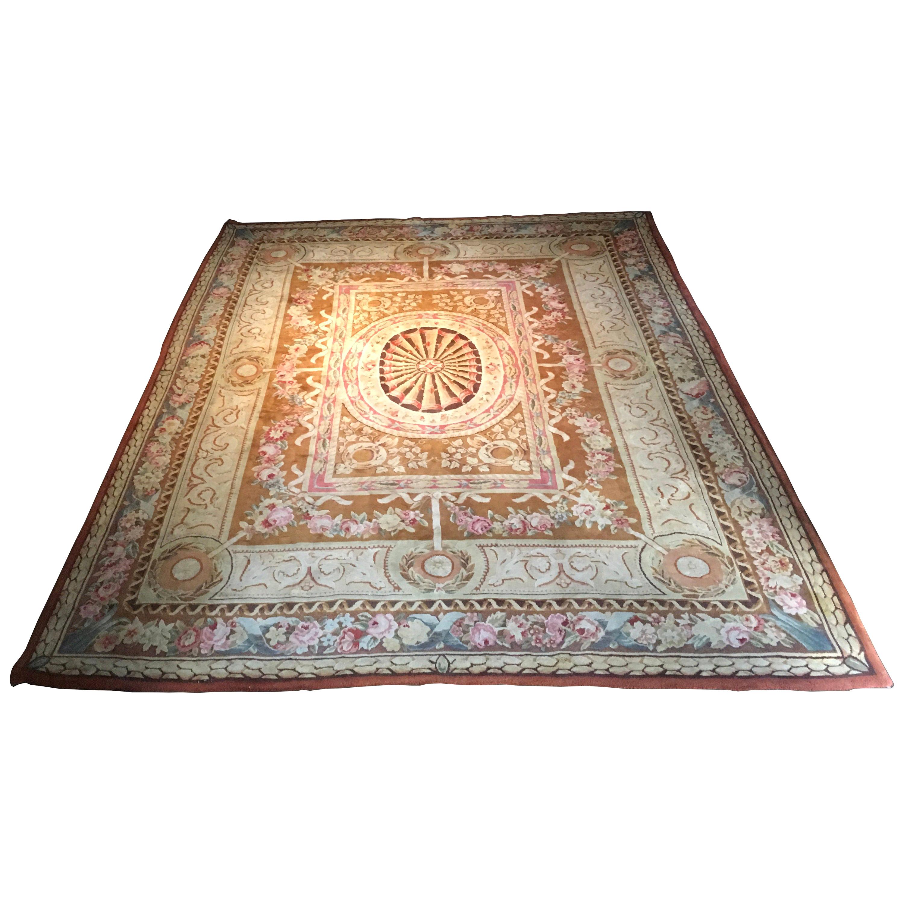 1960 Empire Style French Savonnerie Rug Pink Pale Blue Green Beige Colors