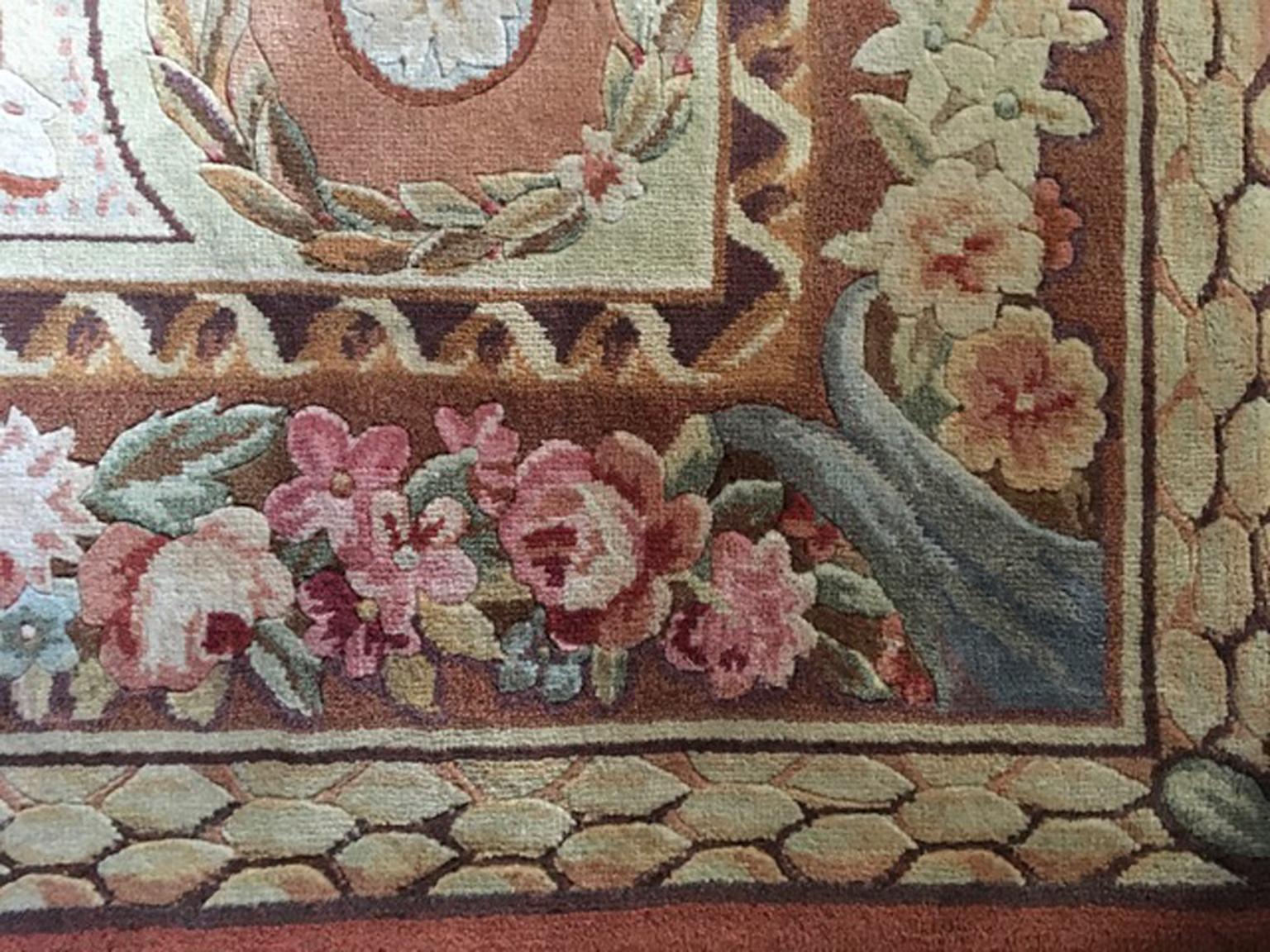 1960 Empire Style French Savonnerie Rug Pink Pale Blue Green Beige Colors For Sale 3