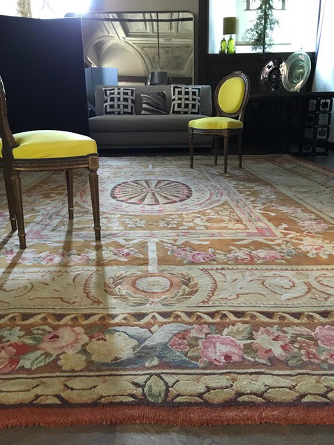 1960 Empire Style French Savonnerie Rug Pink Pale Blue Green Beige Colors For Sale 1