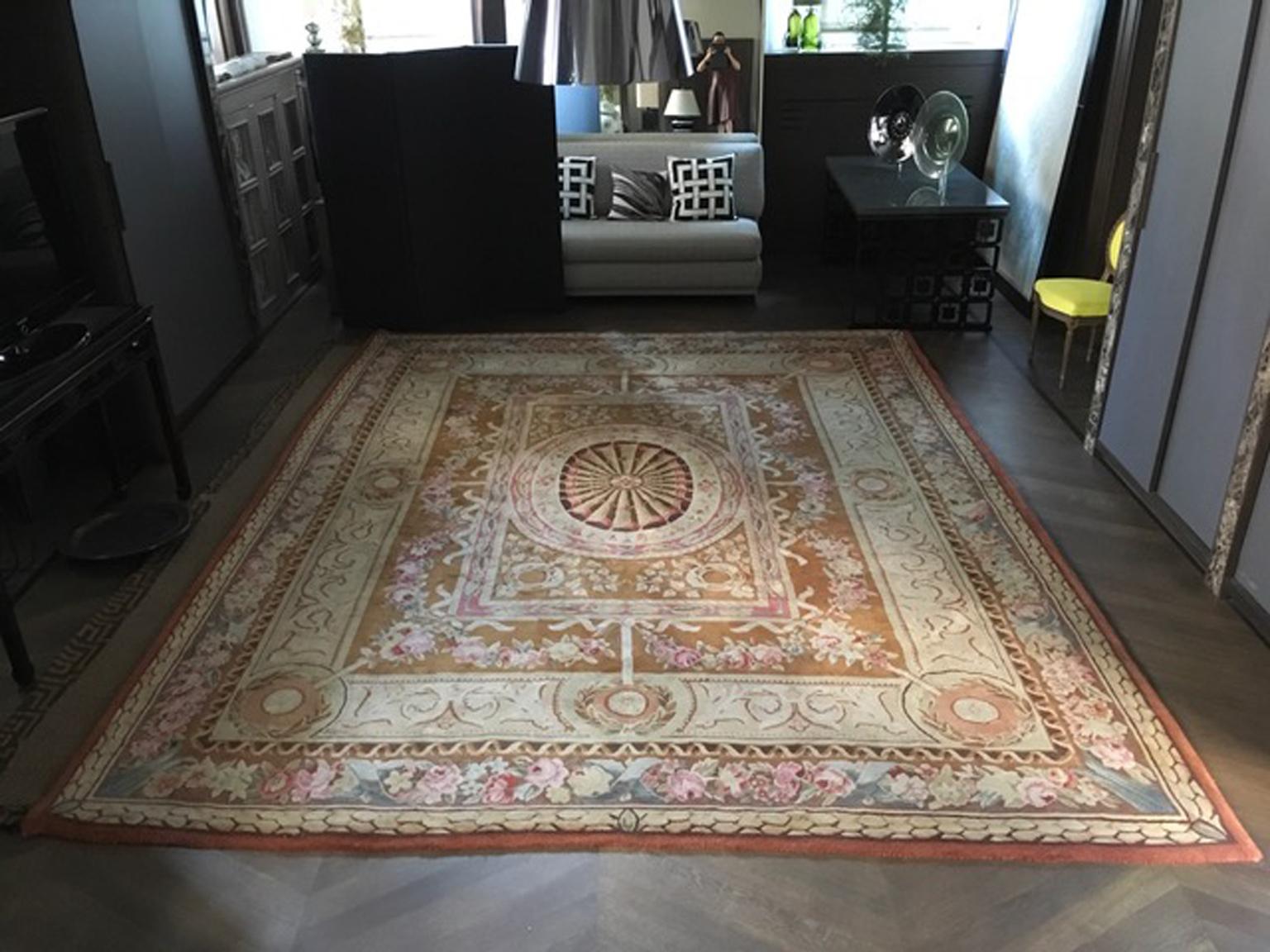1960 Empire Style French Savonnerie Rug Pink Pale Blue Green Beige Colors For Sale 7