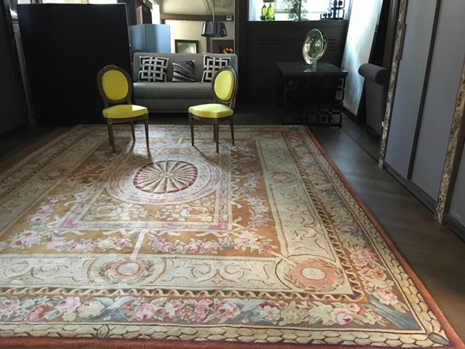 Hand-Knotted 1960 Aubusson France Rug in Pink and Blue Colors For Sale