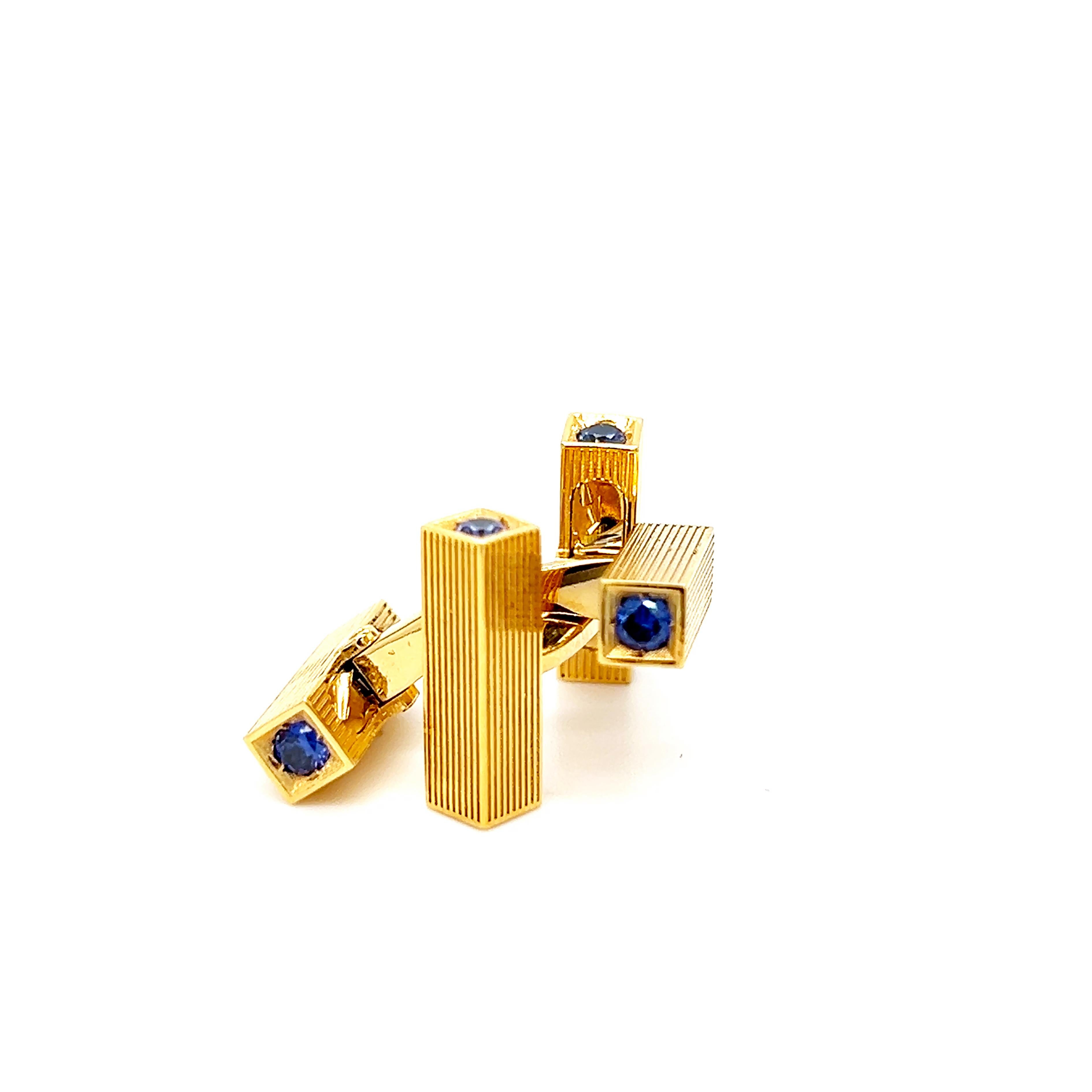 One-of-a-kind original 1960 De Percin Cufflinks Featuring 0.80Kt Natural brilliant Cut Blue Sapphire in an Handcrafted Sterling Silver Gold-Plated Setting.
Gaëtan de Percin was a representative for Atelier Georges Lenfant (1904-1996); in 1938, he