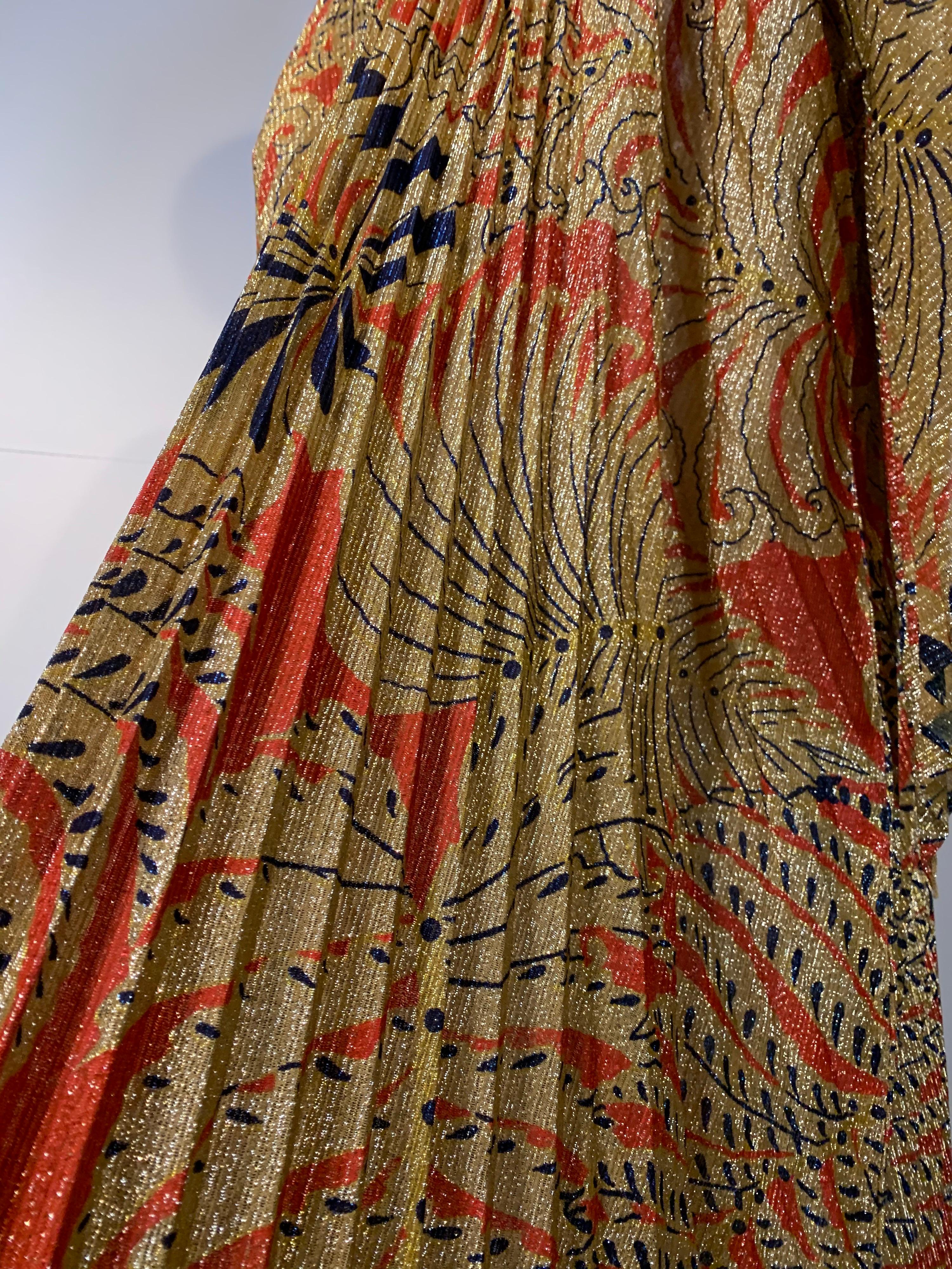 1960 Georgie Keyloun Pleated Gold Red & Black Lurex Print Caftan w/ Bell Sleeves 3