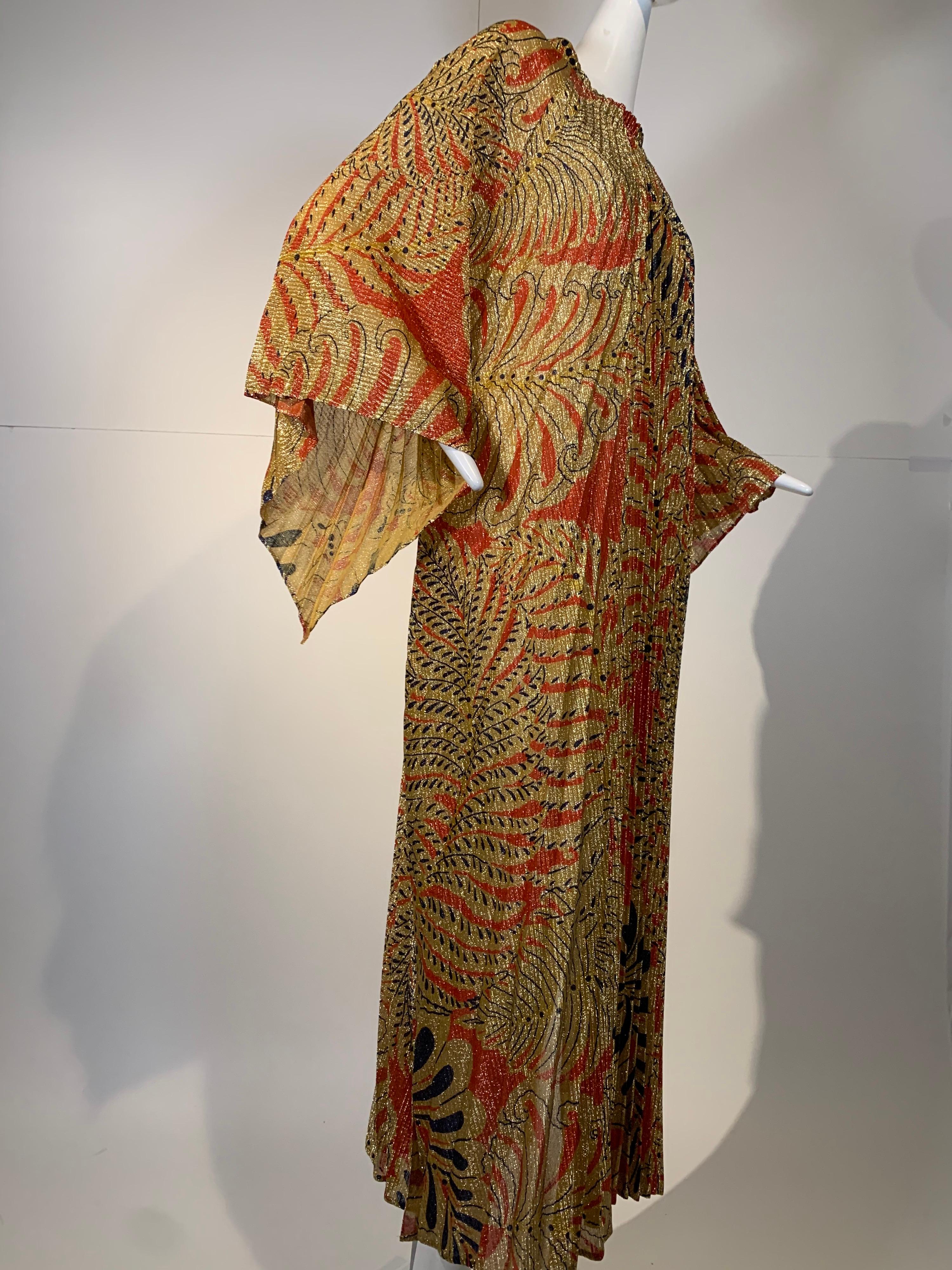 1960 Georgie Keyloun Pleated Gold Red & Black Lurex Print Caftan w/ Bell Sleeves 4