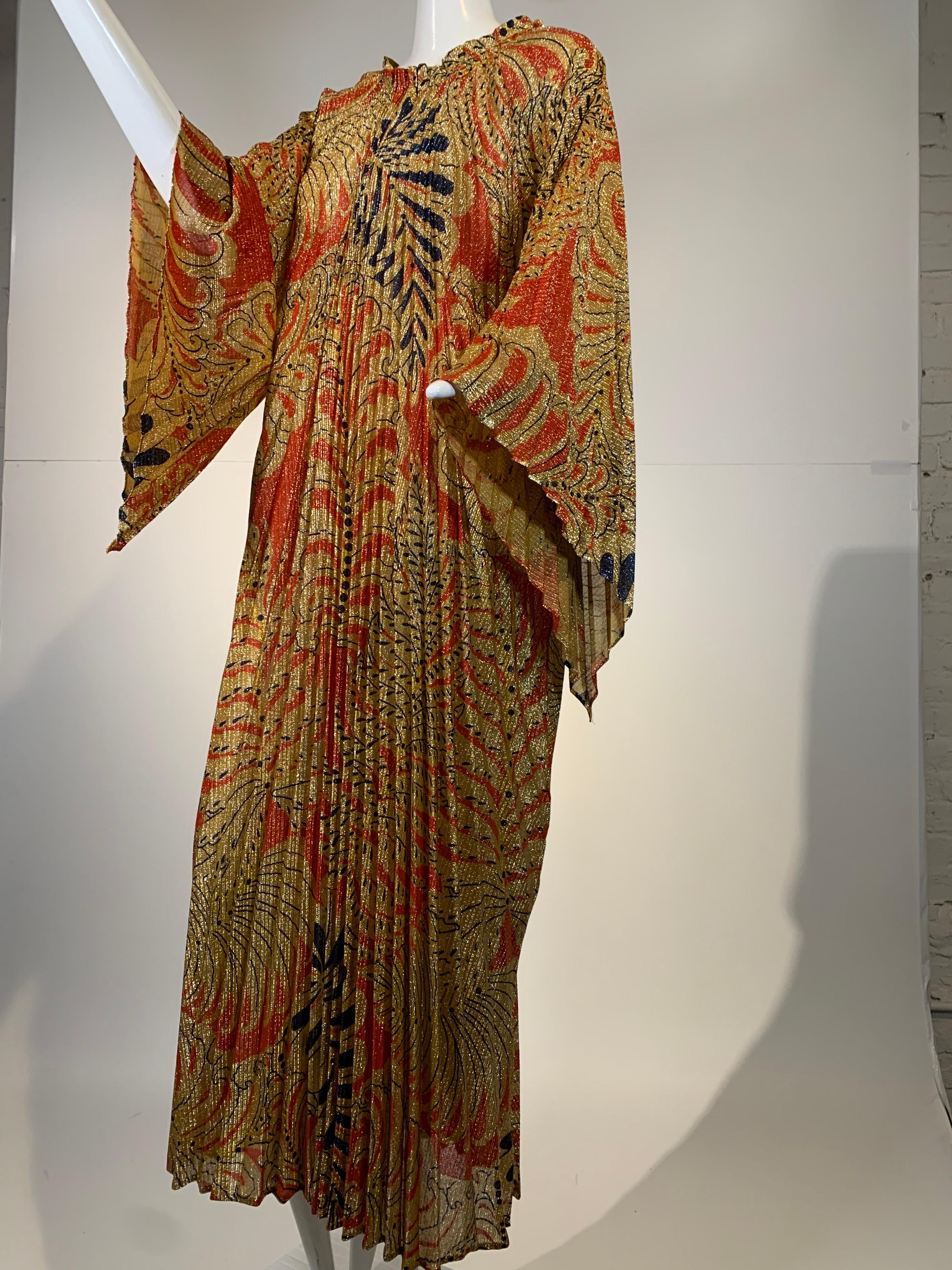 1960 Georgie Keyloun pleated gold, red and black Lurex knit, palm leaf/fern print caftan with bell sleeves. Size XL. 