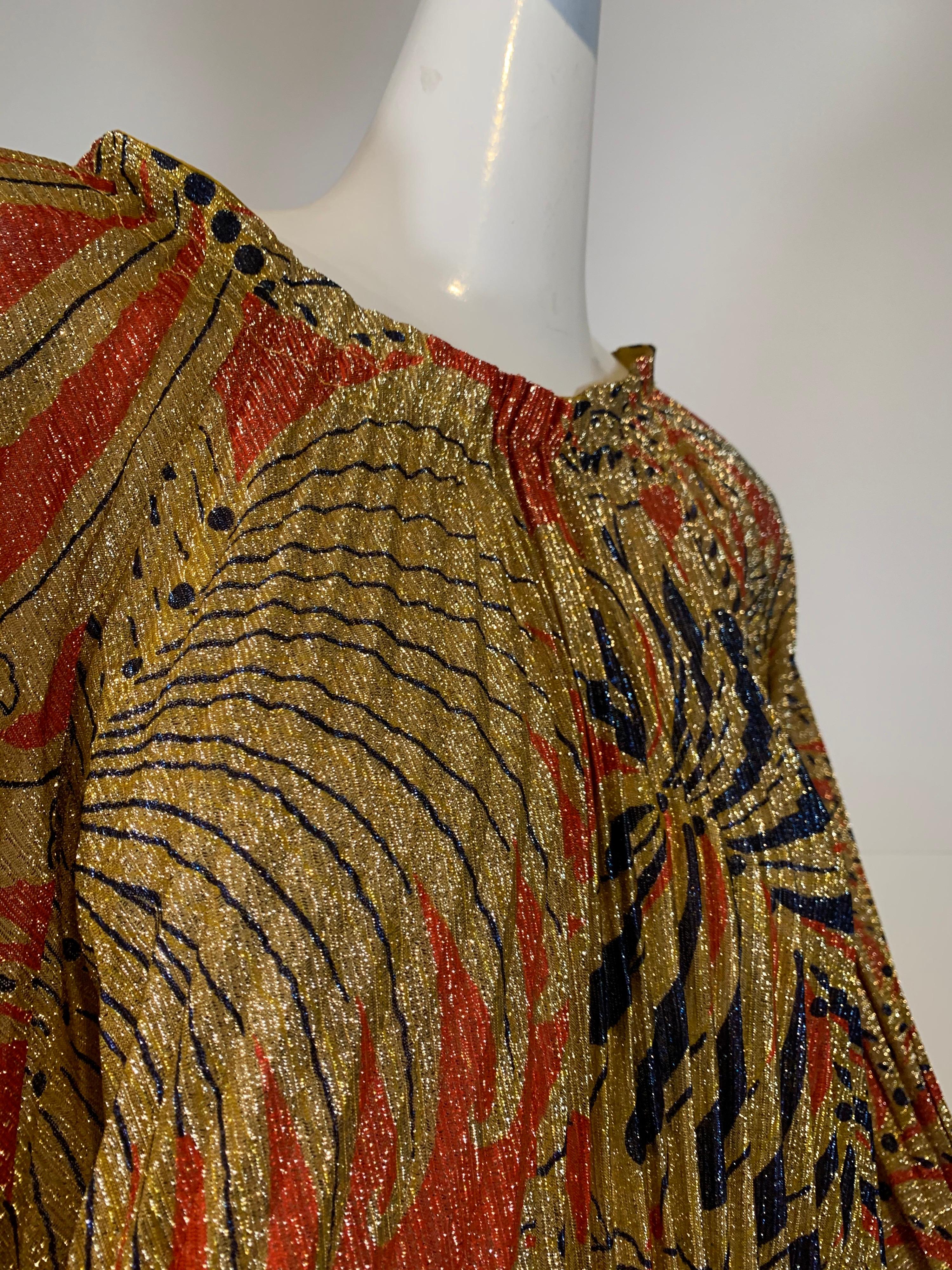 Brown 1960 Georgie Keyloun Pleated Gold Red & Black Lurex Print Caftan w/ Bell Sleeves