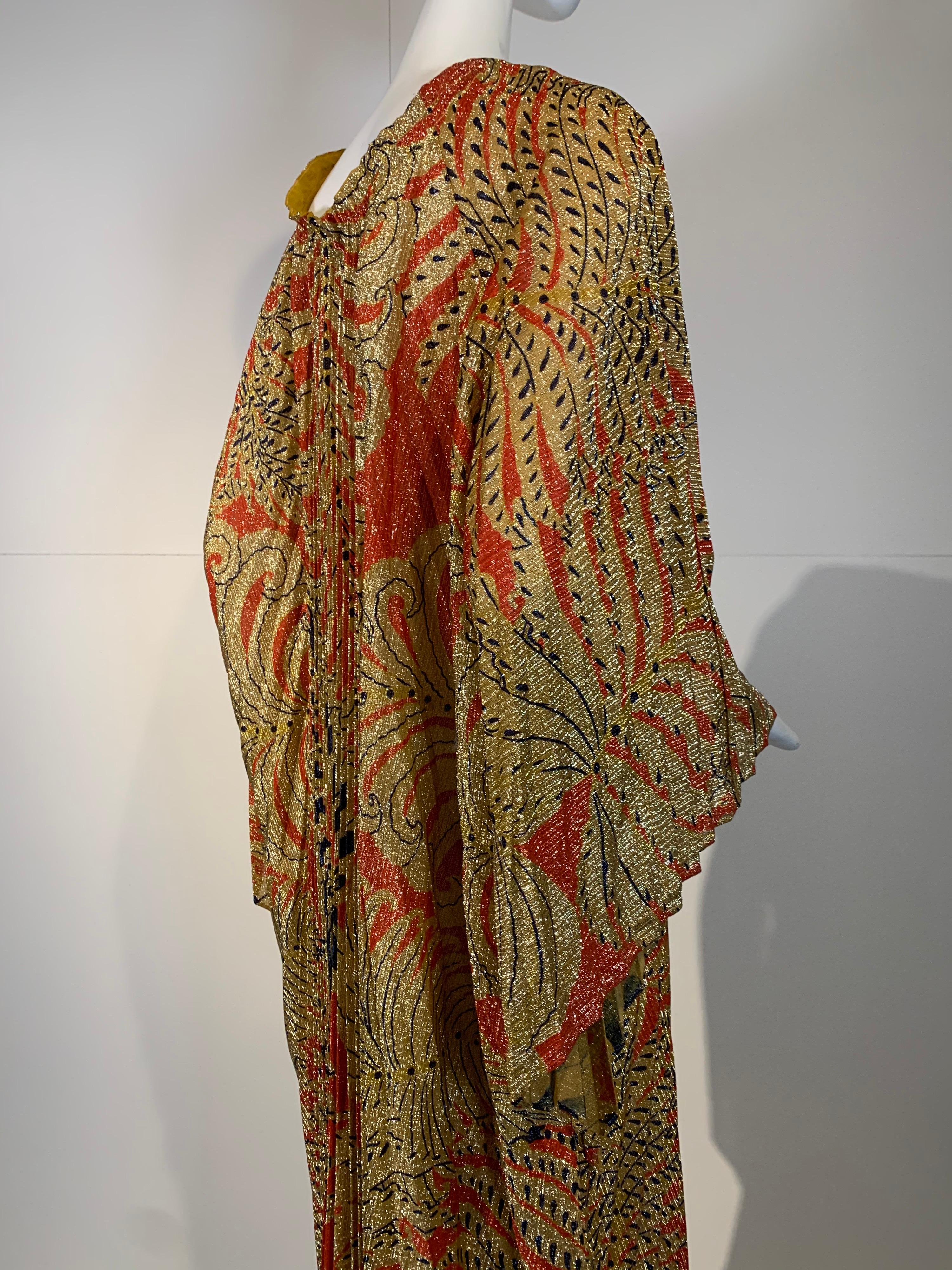 Women's 1960 Georgie Keyloun Pleated Gold Red & Black Lurex Print Caftan w/ Bell Sleeves