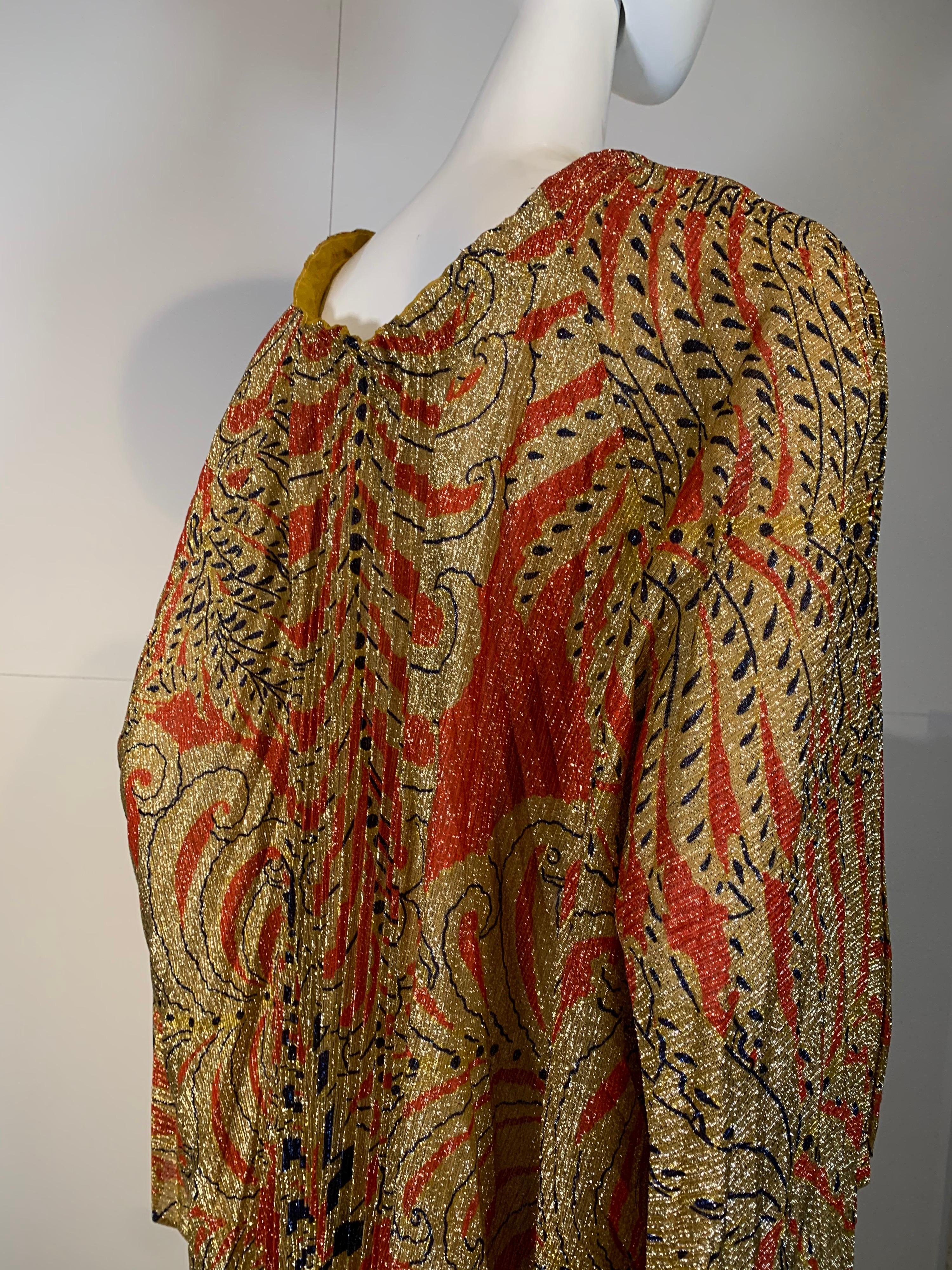 1960 Georgie Keyloun Pleated Gold Red & Black Lurex Print Caftan w/ Bell Sleeves 1