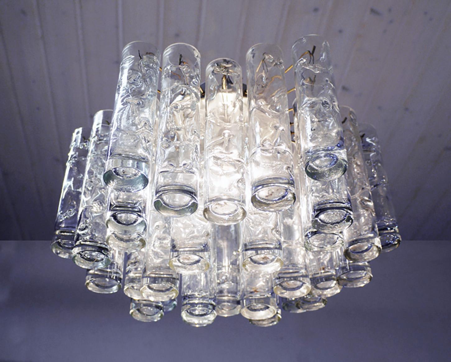1960 Germania Doria Lava Lampadario ad incasso Tubi di vetro di Murano e ottone in vendita 1