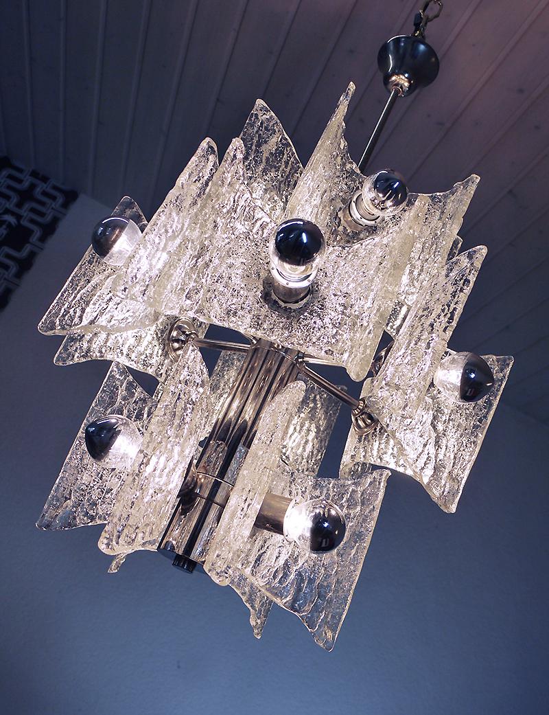 Mid-Century Modern 1960 Germany Kaiser Chandelier Frosted Murano Glass and Chrome For Sale