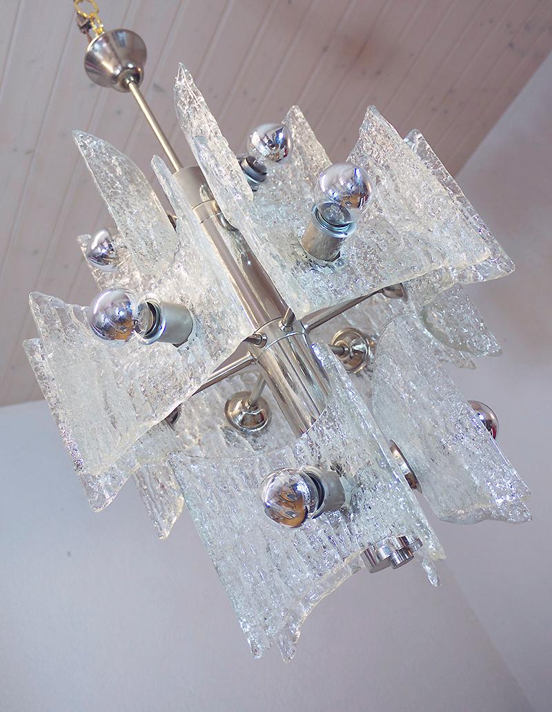 Mid-20th Century 1960 Germany Kaiser Chandelier Frosted Murano Glass and Chrome For Sale