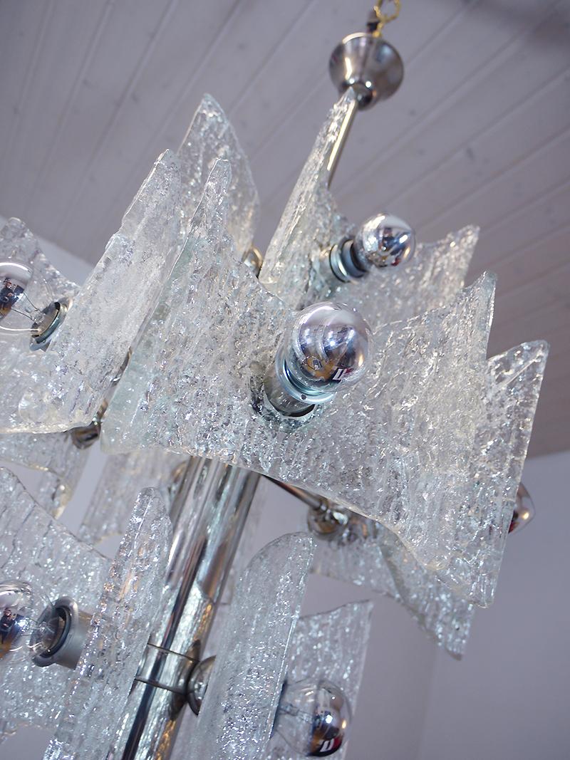 Brass 1960 Germany Kaiser Chandelier Frosted Murano Glass and Chrome For Sale