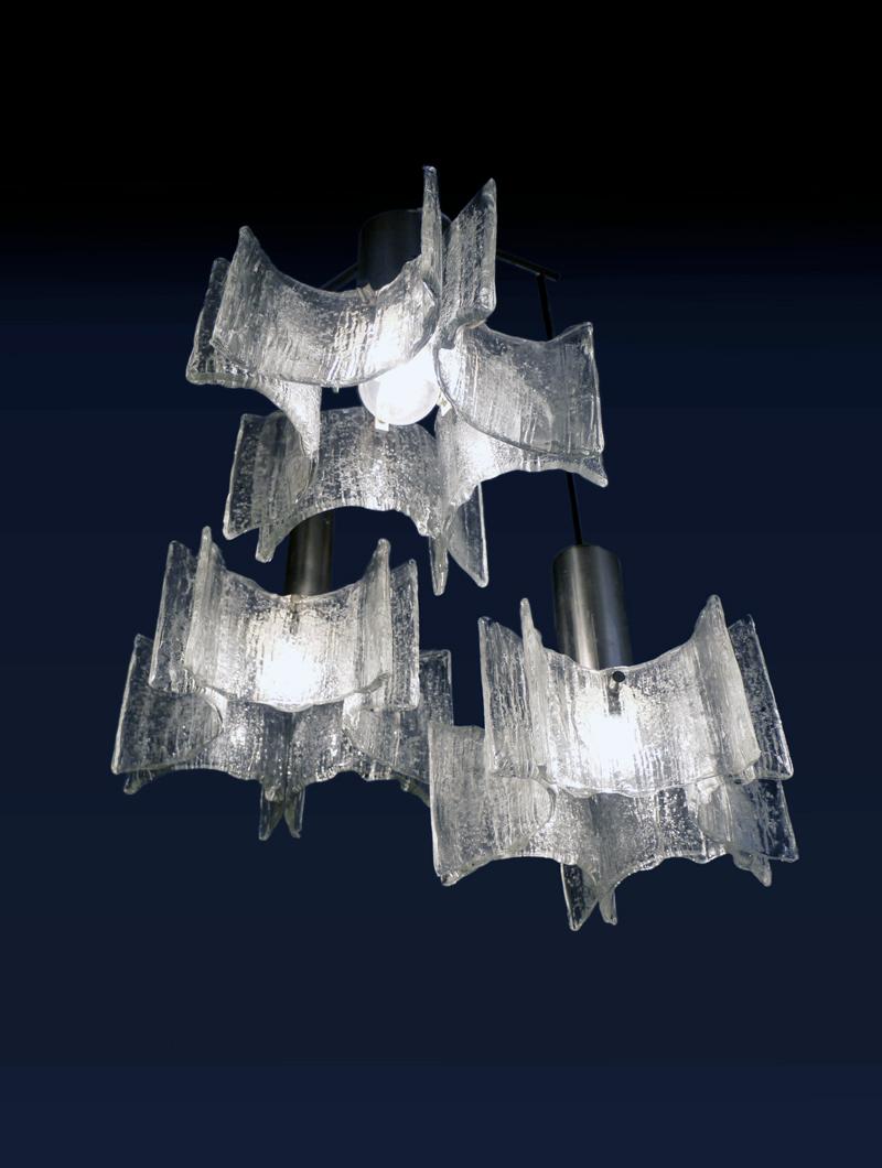 1960 Germany Kaiser Chandelier Frosted Murano Glass and Chrome For Sale 3