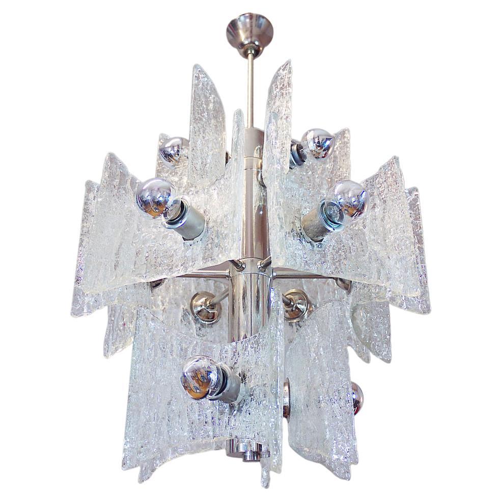 1960 Germany Kaiser Chandelier Frosted Murano Glass and Chrome For Sale