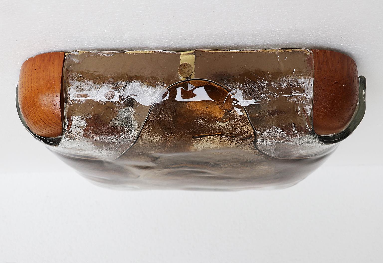 Mid-20th Century 1960 Germany Kaiser Flush Mount Ceiling Light Amber Murano Glass & Brass
