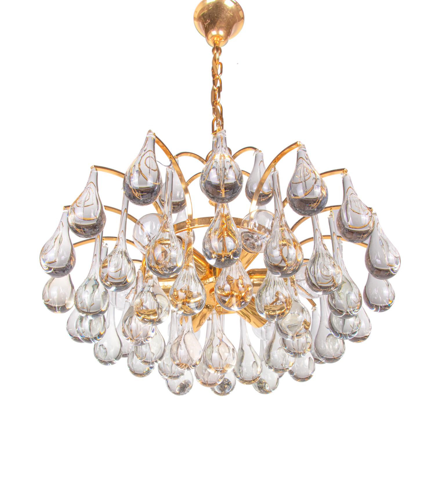 Mid-Century Modern 1960 Germany Palwa Chandelier Murano Glass Teardrops & Gilt-Brass For Sale