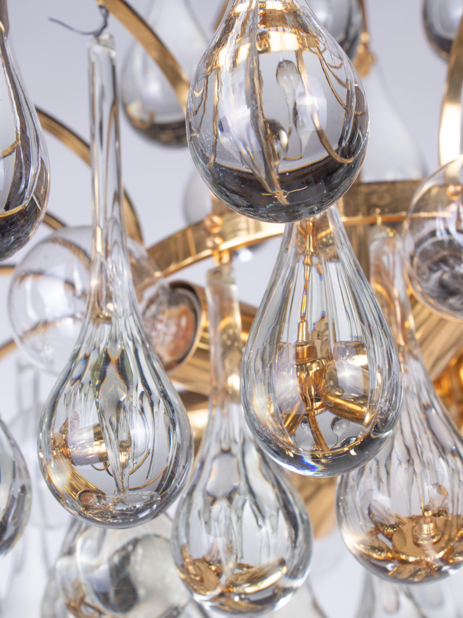 1960 Germany Palwa Chandelier Murano Glass Teardrops & Gilt-Brass In Good Condition For Sale In Niederdorfelden, Hessen