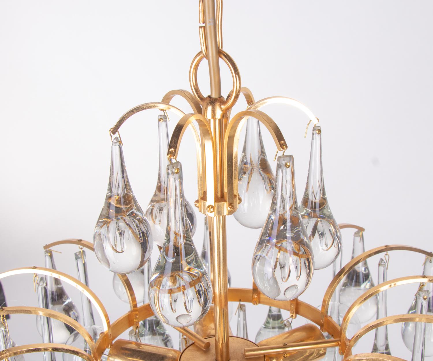 20th Century 1960 Germany Palwa Chandelier Murano Glass Teardrops & Gilt-Brass For Sale