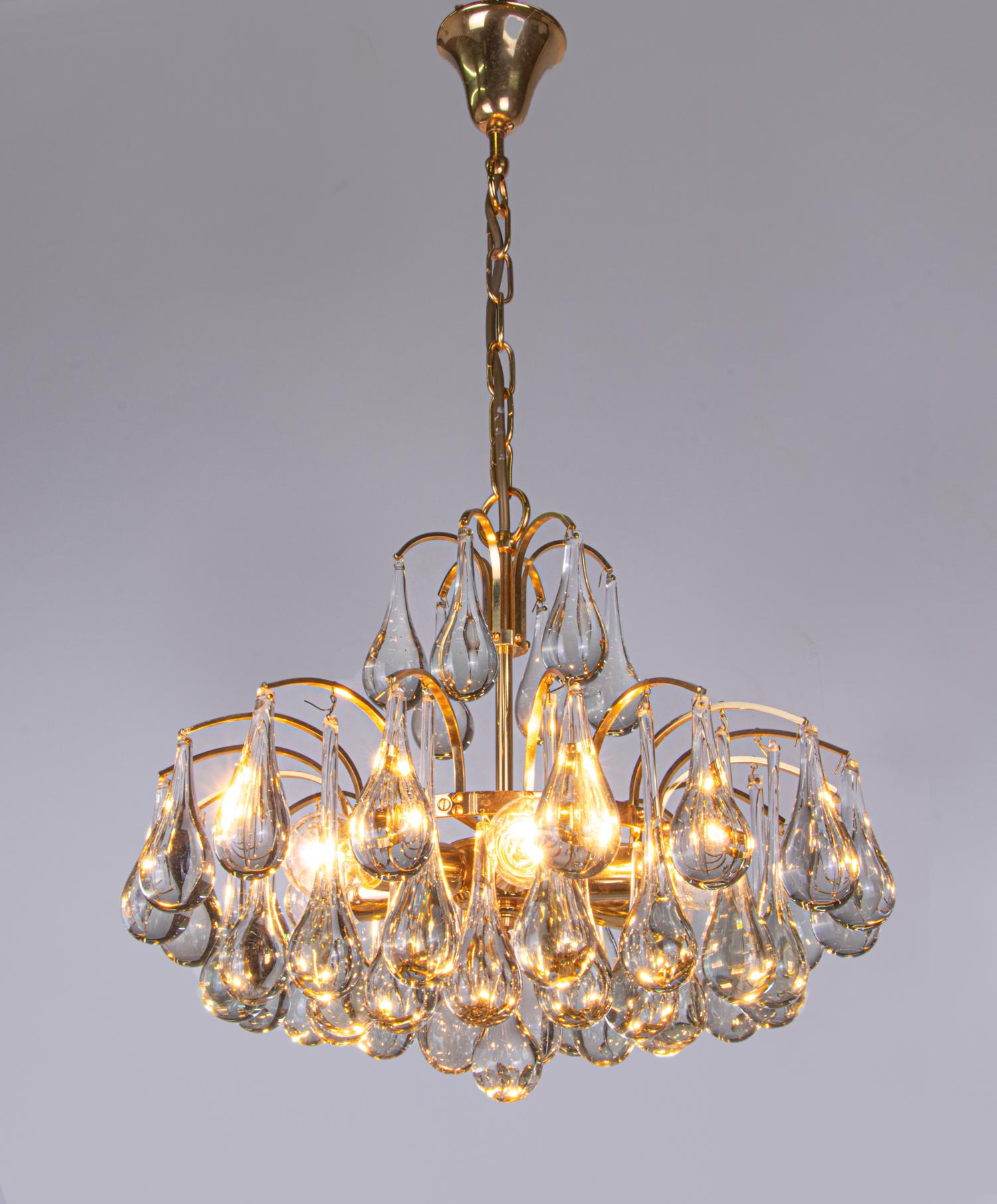 1960 Germany Palwa Chandelier Murano Glass Teardrops & Gilt-Brass For Sale 2