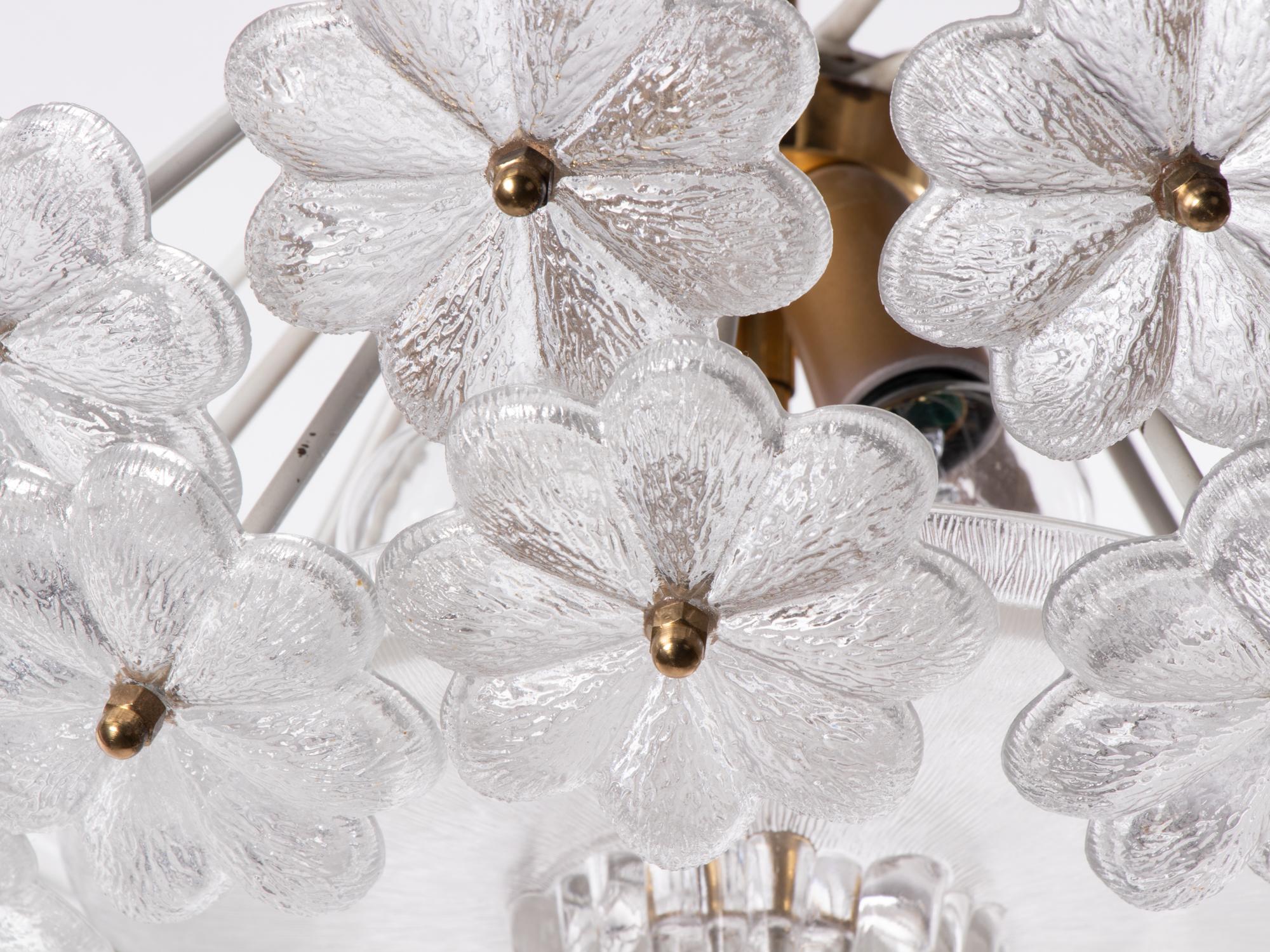 Mid-Century Modern 1960 Germany Ernst Palme Floral Flush Mount Chandelier Glass & Brass For Sale