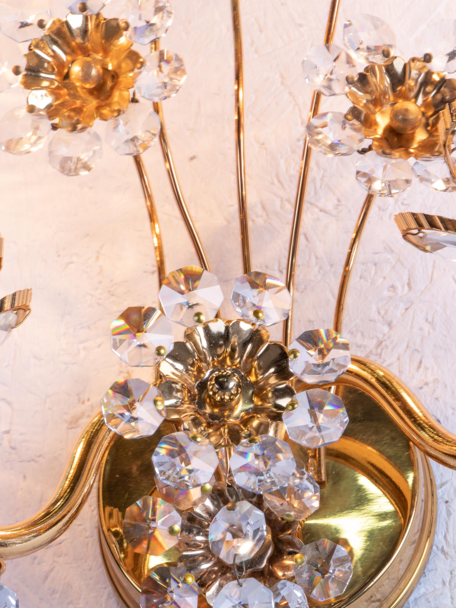 20th Century 1 'of 2' German Glamorous Palwa Jewel Wall Lamp Crystal & Gilt-Brass, 1960s For Sale