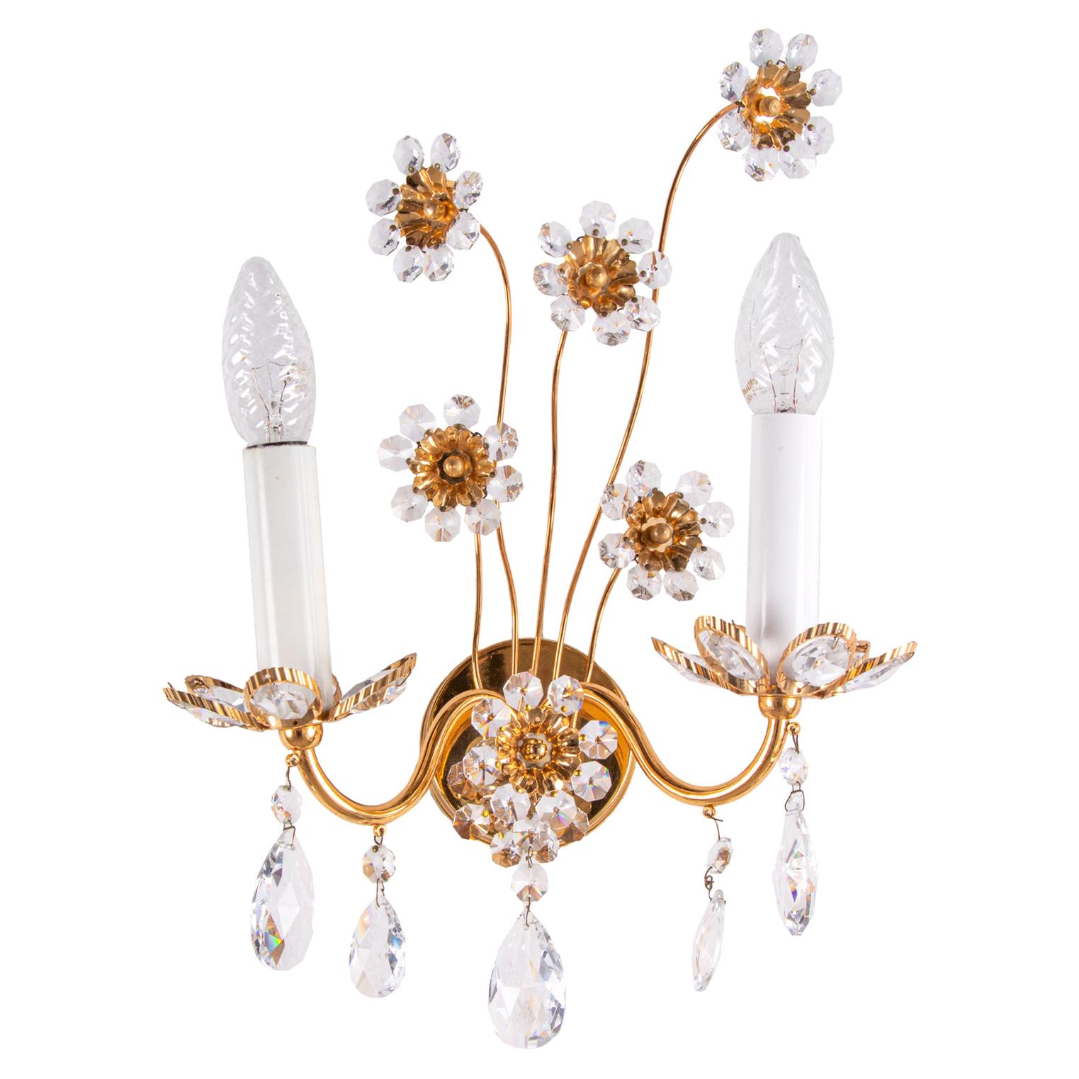 1 'of 2' German Glamorous Palwa Jewel Wall Lamp Crystal & Gilt-Brass, 1960s