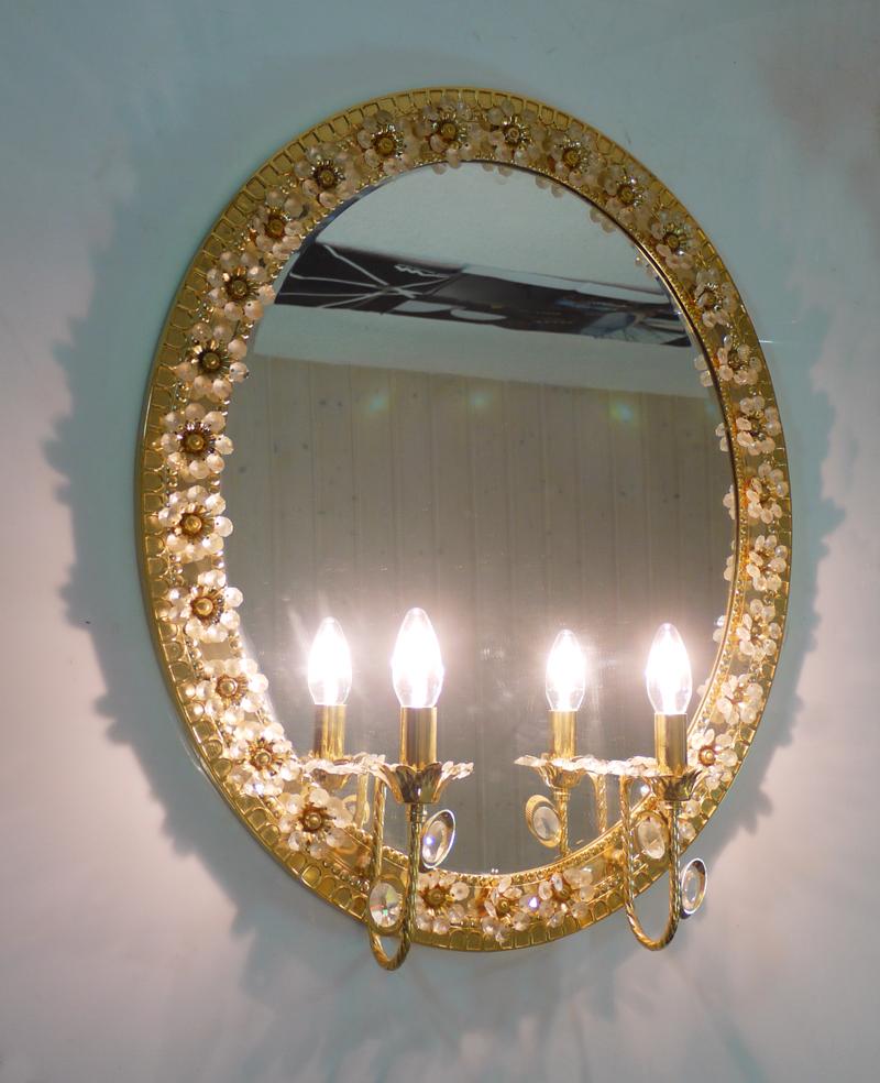 1960 Germany Palwa Illuminated Oval Mirror Crystal and Gilt Brass For Sale 2