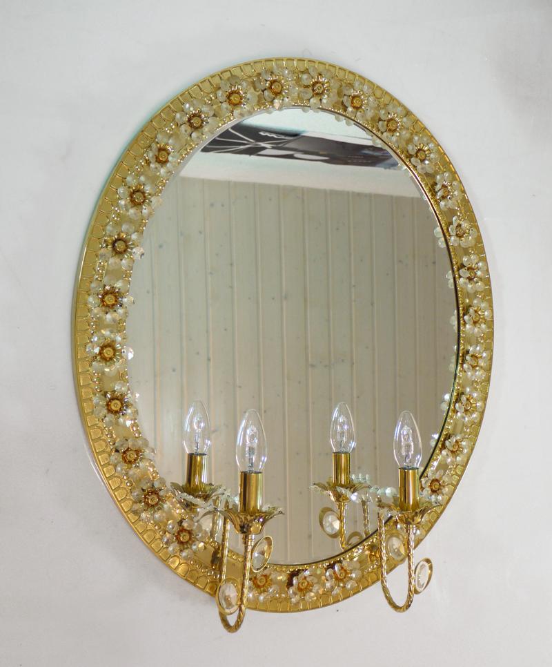 1960 Germany Palwa Illuminated Oval Mirror Crystal and Gilt Brass For Sale 3