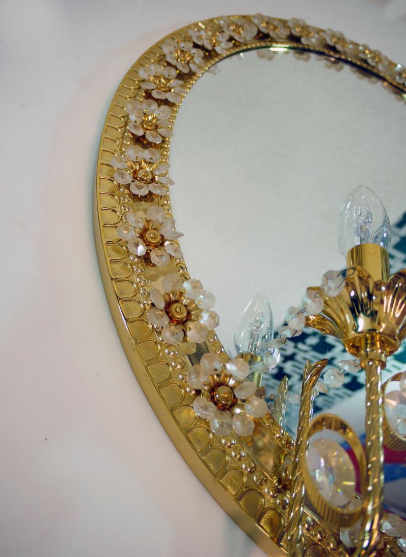 1960 Germany Palwa Illuminated Oval Mirror Crystal and Gilt Brass For Sale 4