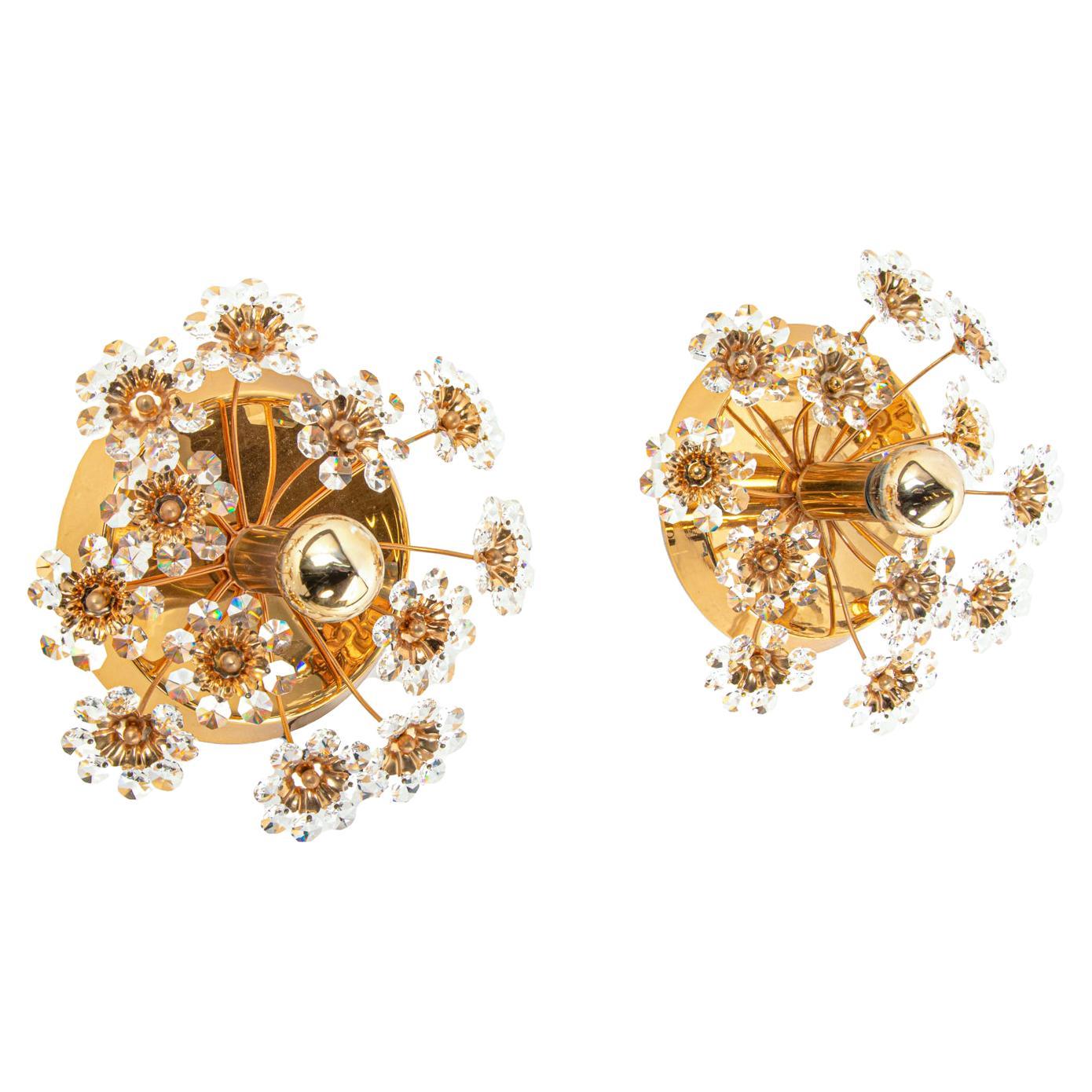 Pair of Gold-Plated Brass and Crystal Glass Wall Lamps Sconces by Palwa, 1960 For Sale