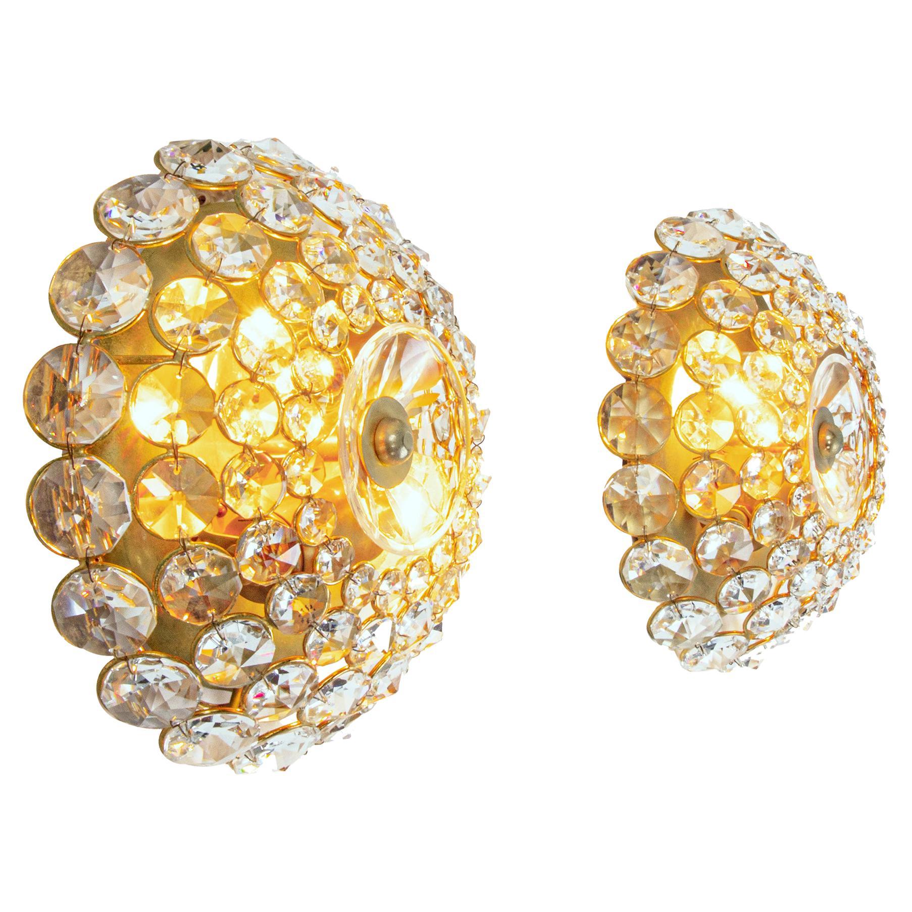 Pair of Gold-Plated Brass and Crystal Glass Wall Lamps Sconces by Palwa, 1960