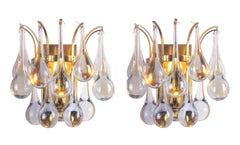1960 Germany Palwa Wall Sconces Murano Glass Teardrops & Gilt-Brass, Set of 2