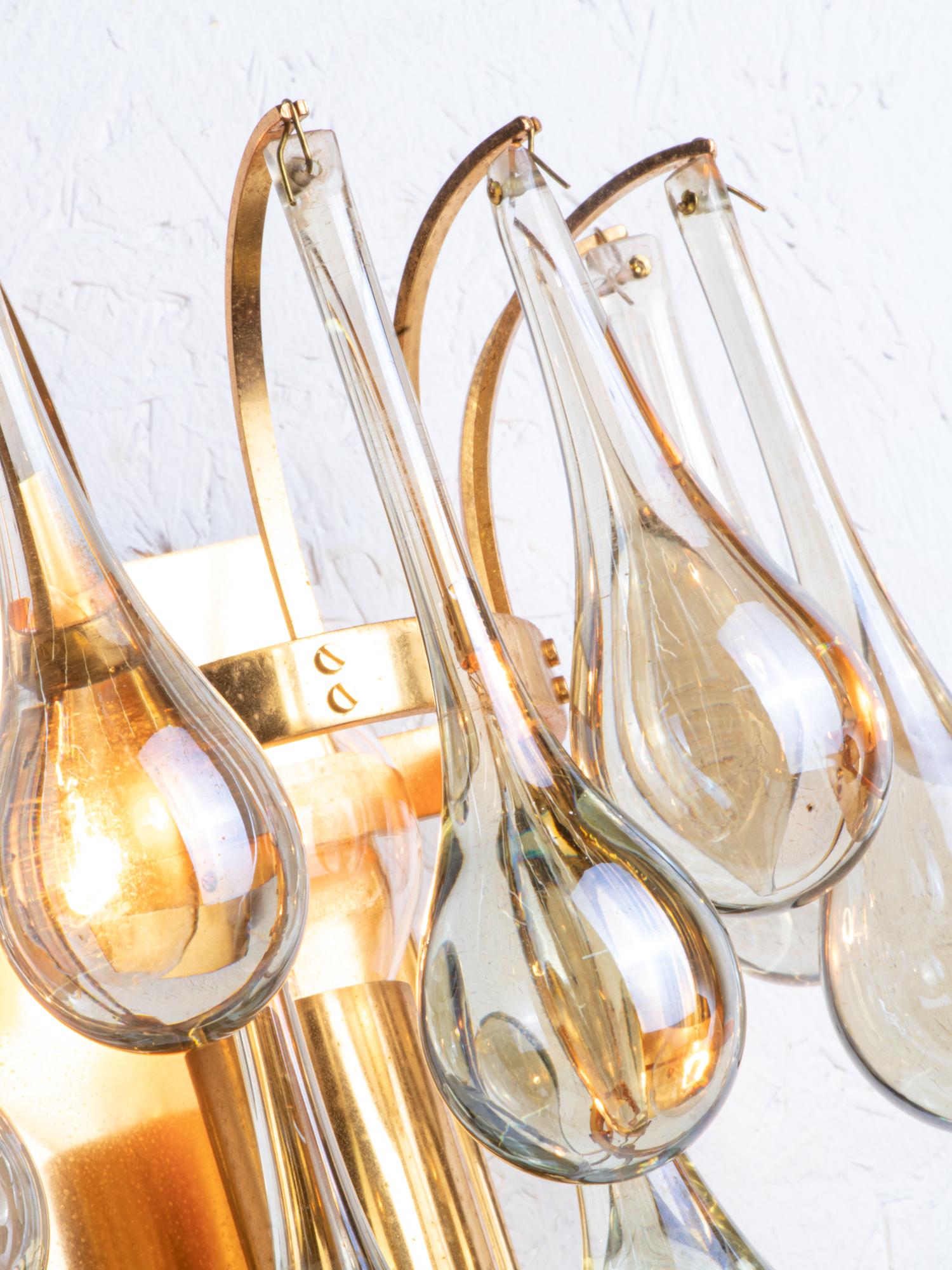 Mid-Century Modern 1960 Germany Palwa Wall Sconces Murano Glass Teardrops & Gilt-Brass, Set of 2