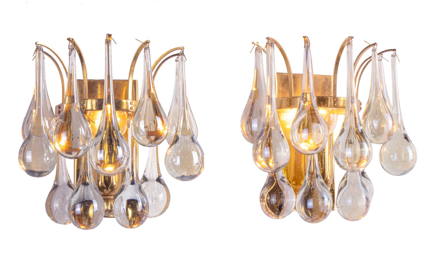 1960 Germany Palwa Wall Sconces Murano Glass Teardrops & Gilt-Brass, Set of 2 3