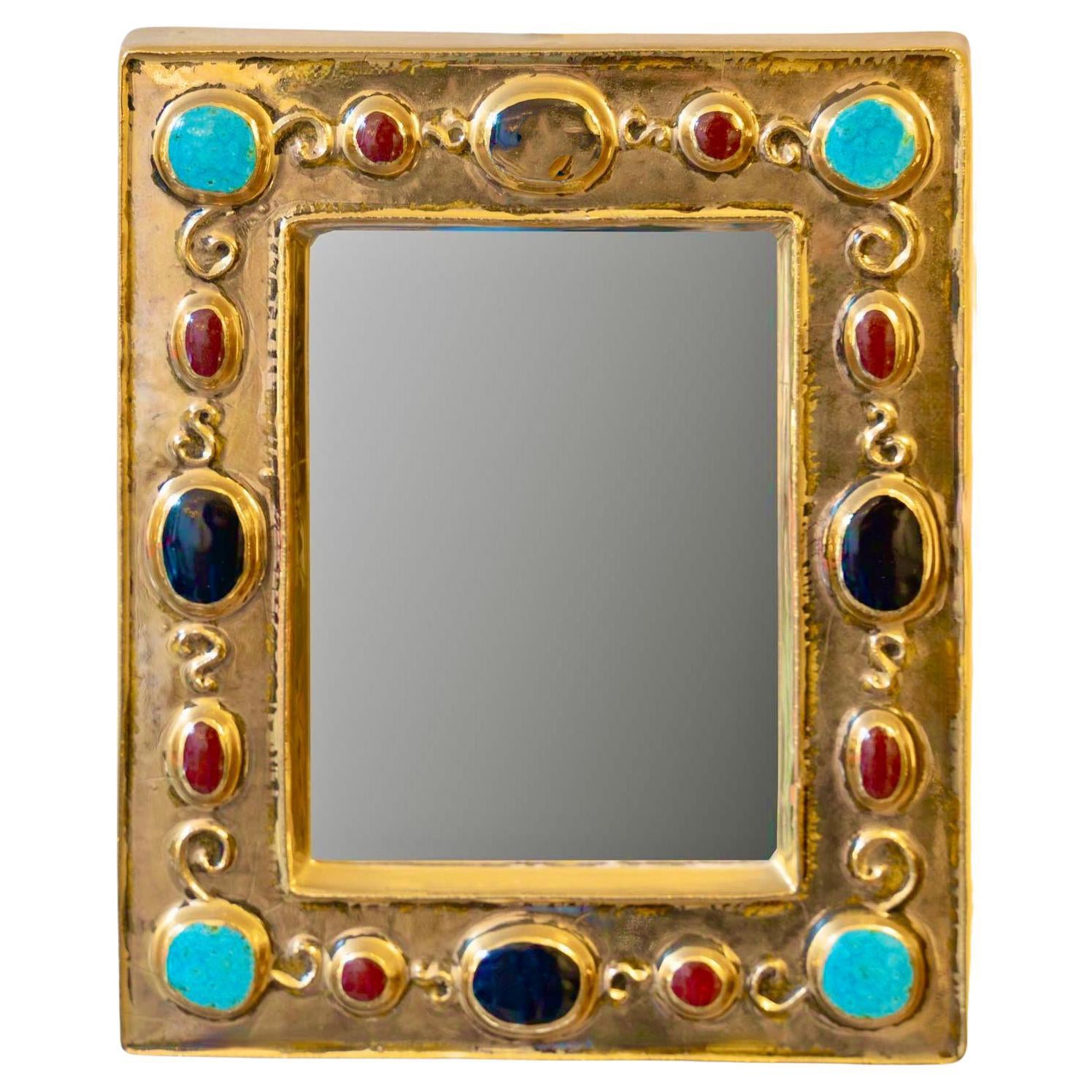 1960 Gilded ceramic mirror imitating integrated jewellery, signed François Lembo