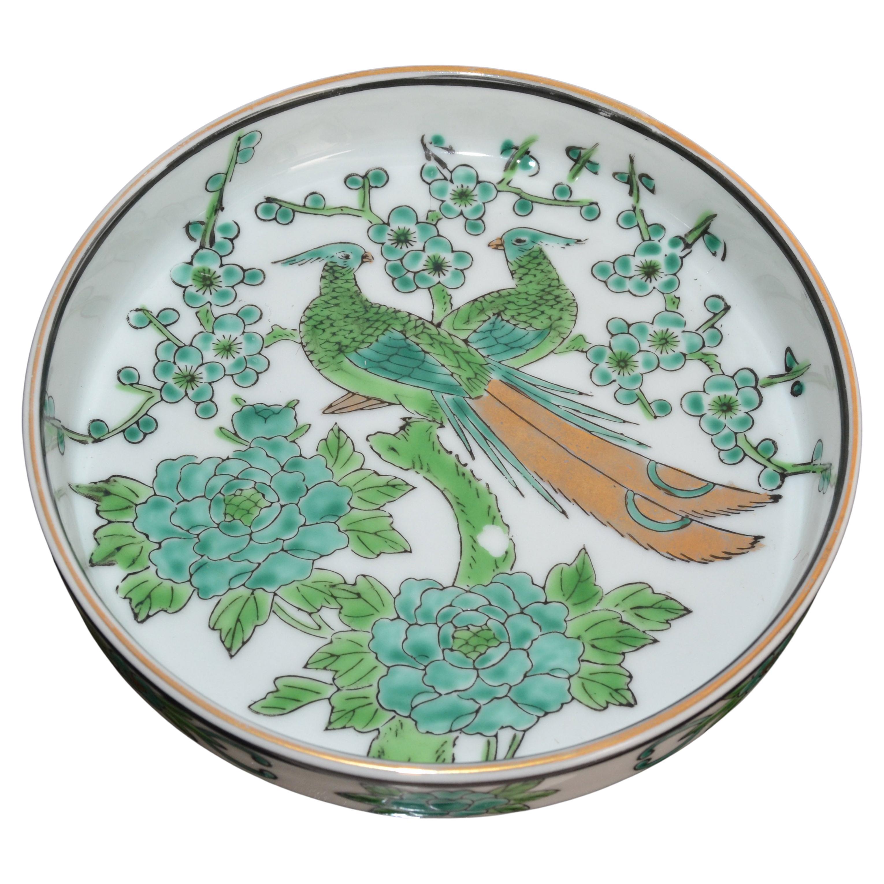 1960 Gold Imari Chinoiserie Hand Painted Green Gold White Bowl Peacock Motif For Sale