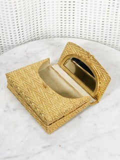 1960 Gold Metal Basket Weave Textured Evening Box Clutch w/ Mirror